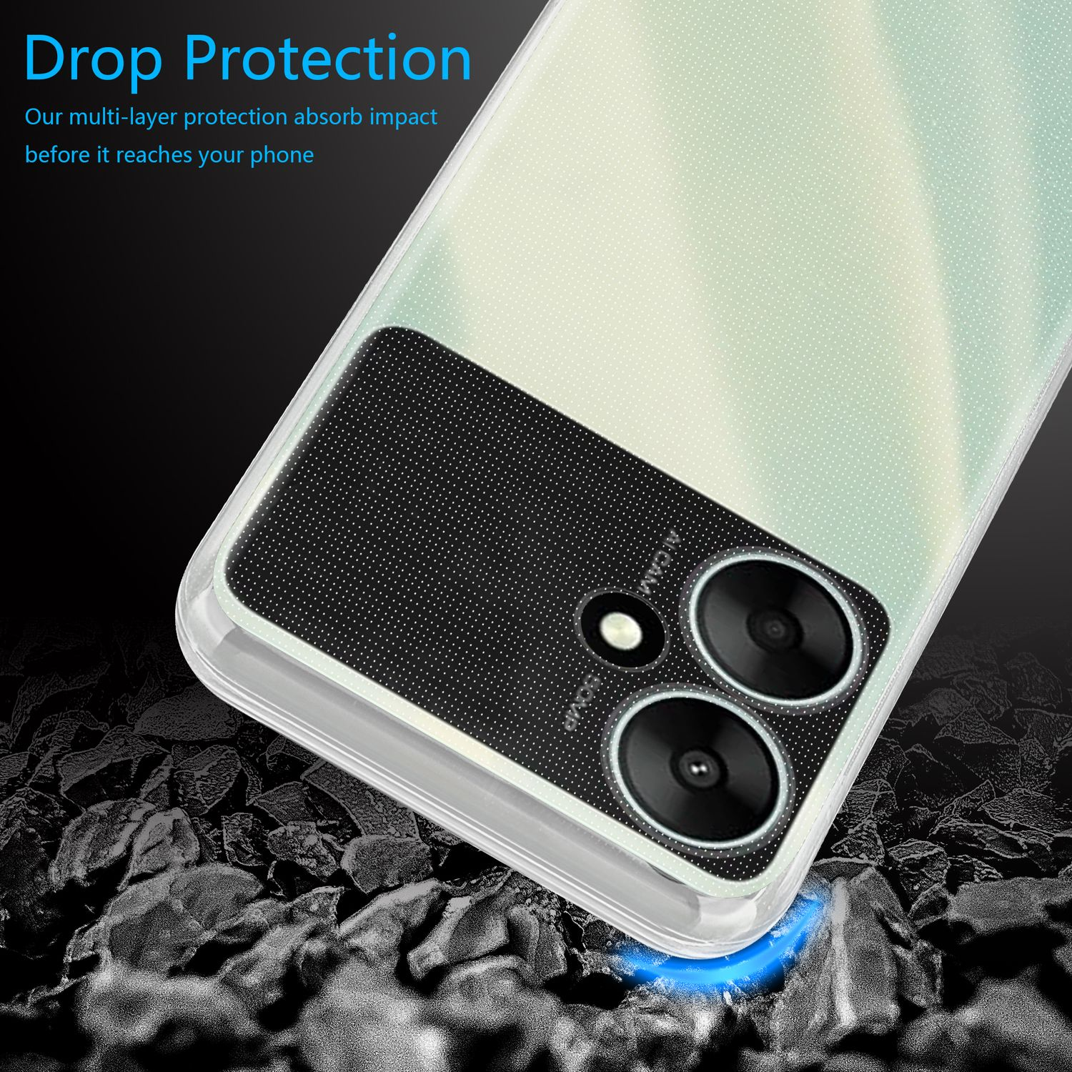 Viene mostrata una custodia trasparente per telefono, con un modulo fotocamera nero. La custodia è su una superficie rocciosa.