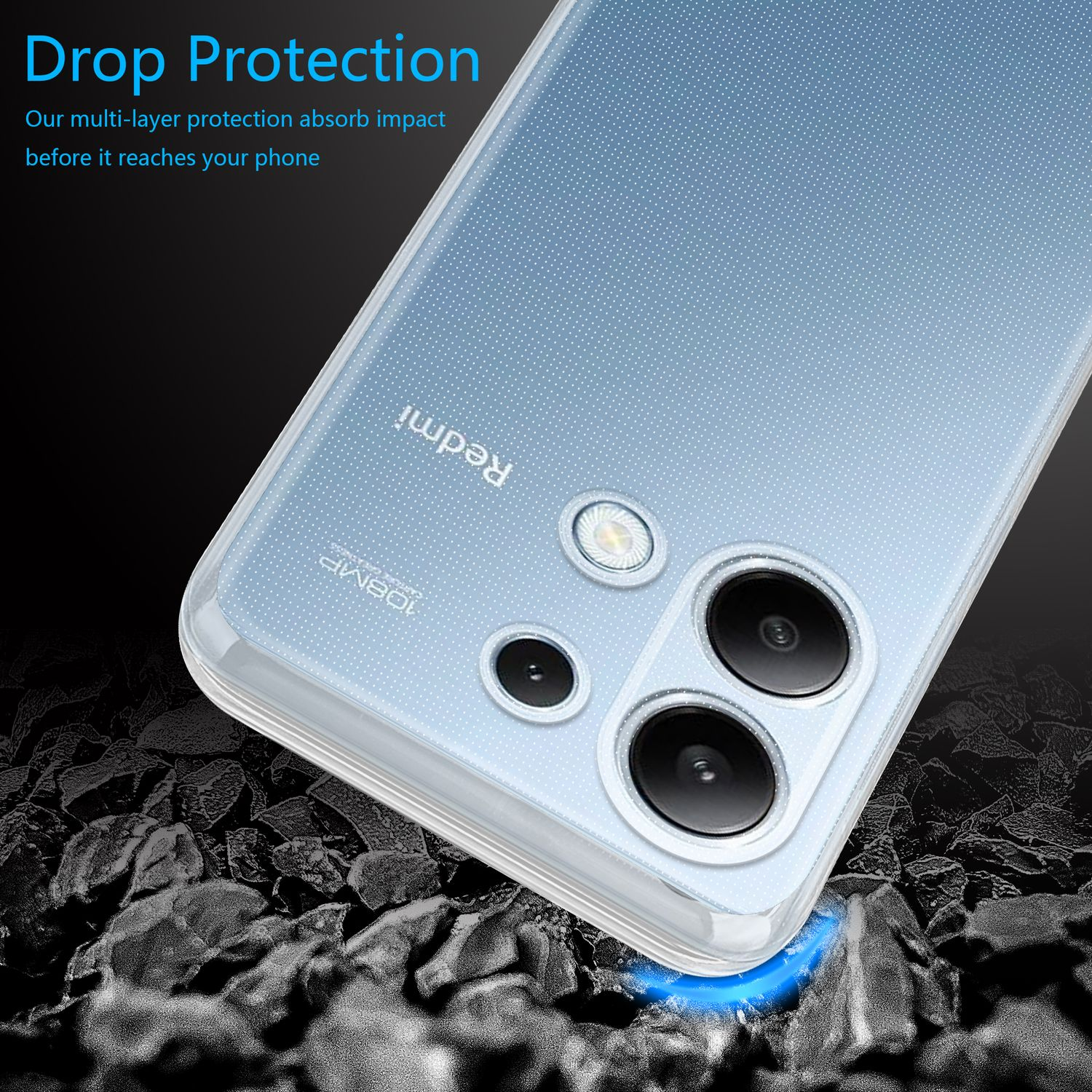 Custodia per smartphone con protezione fotocamera; telefono visibile; sfondo nero.
