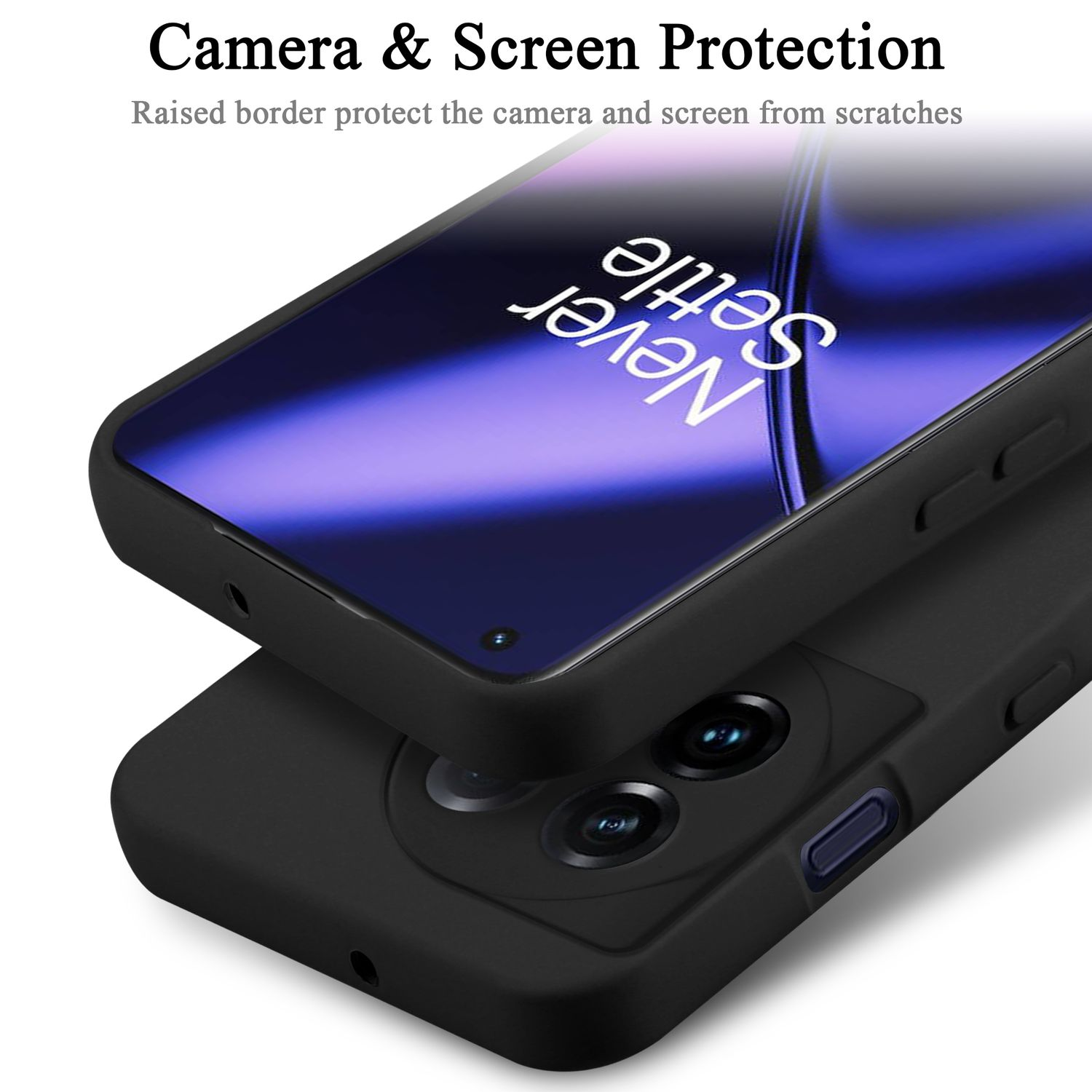Eine schwarze Handyhülle mit einem Telefon darin, Text: Kamera- und Bildschirmschutz.