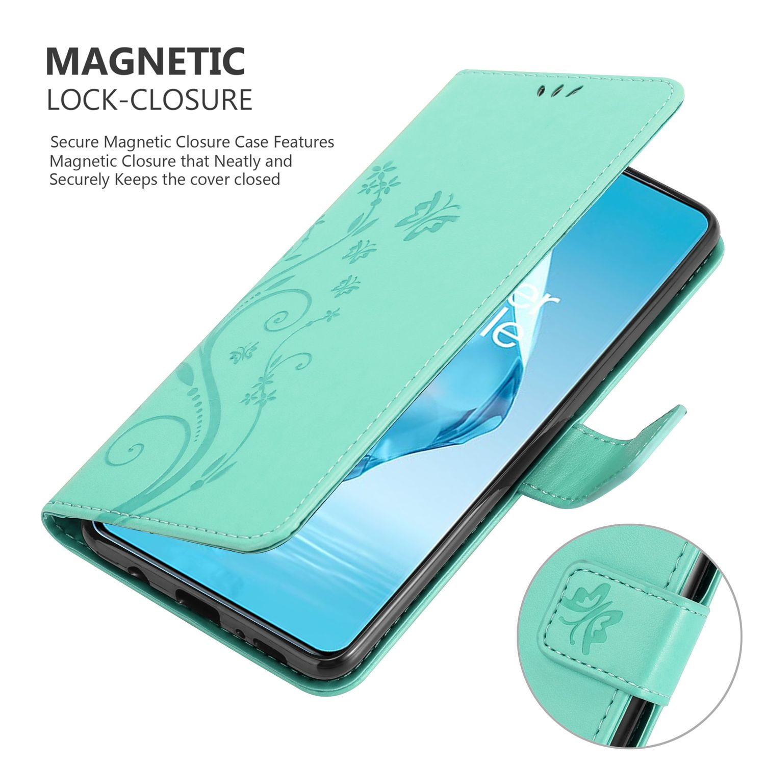 Custodia per telefono verde menta aperta, che mostra il telefono. Design a fantasia, chiusura magnetica.
