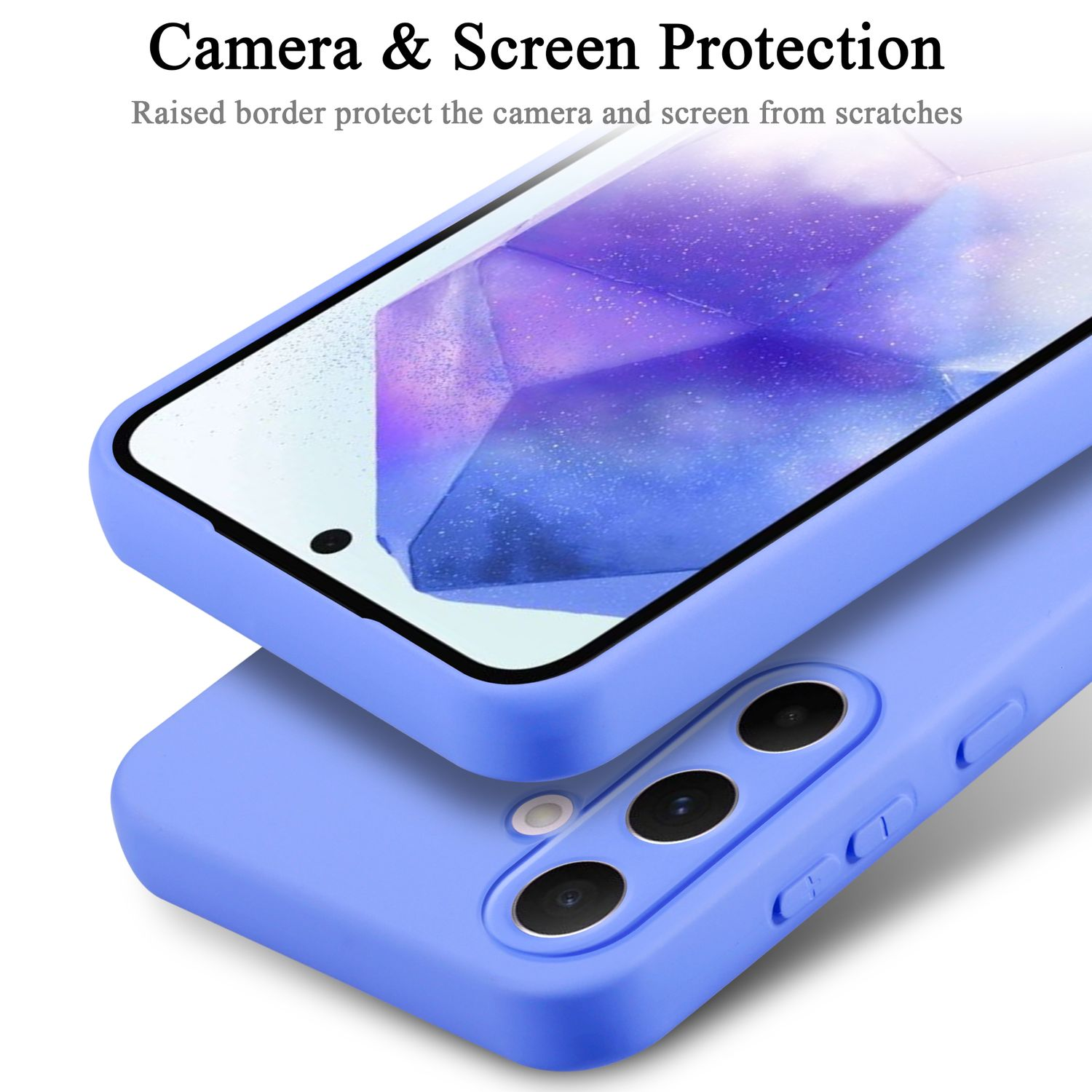 Custodia per telefono blu con un bordo rialzato che protegge la fotocamera e lo schermo dai graffi. La custodia è blu.