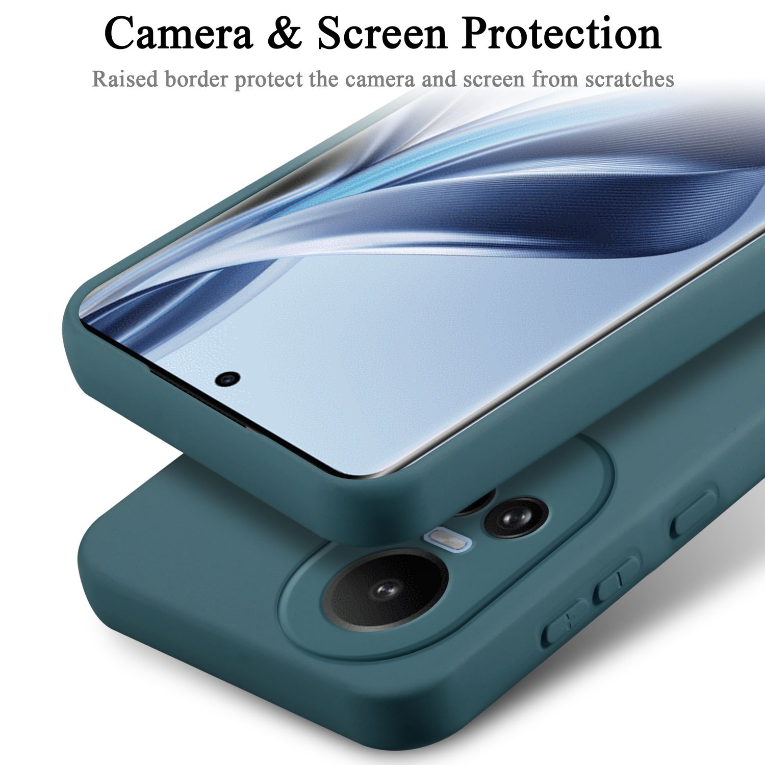 Custodia blu per telefono e protezione schermo. Il testo dice 'Protezione fotocamera e schermo'.