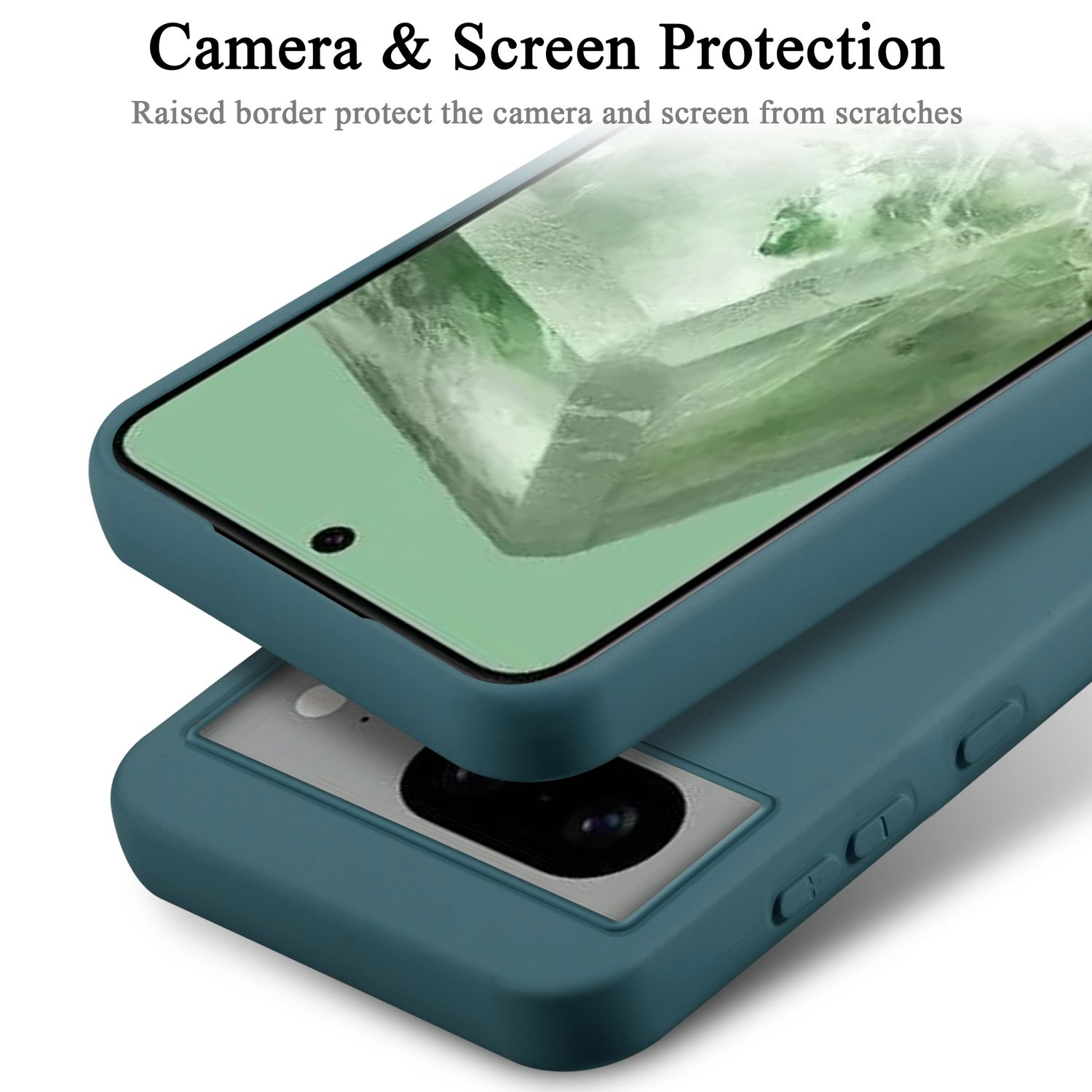 Due custodie per telefono, una verde acqua e una blu, sovrapposte. Le custodie proteggono la fotocamera.