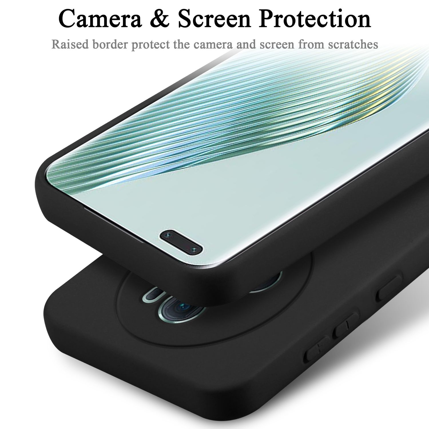 Custodia nera per telefono con telefono sopra e testo: Protezione fotocamera e schermo.