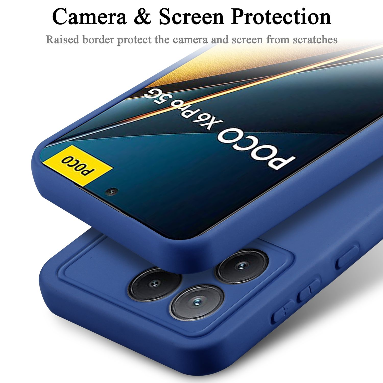 Due custodie blu per telefono, una sopra l'altra. Testo 'POCO X6 Pro 5G' visibile.