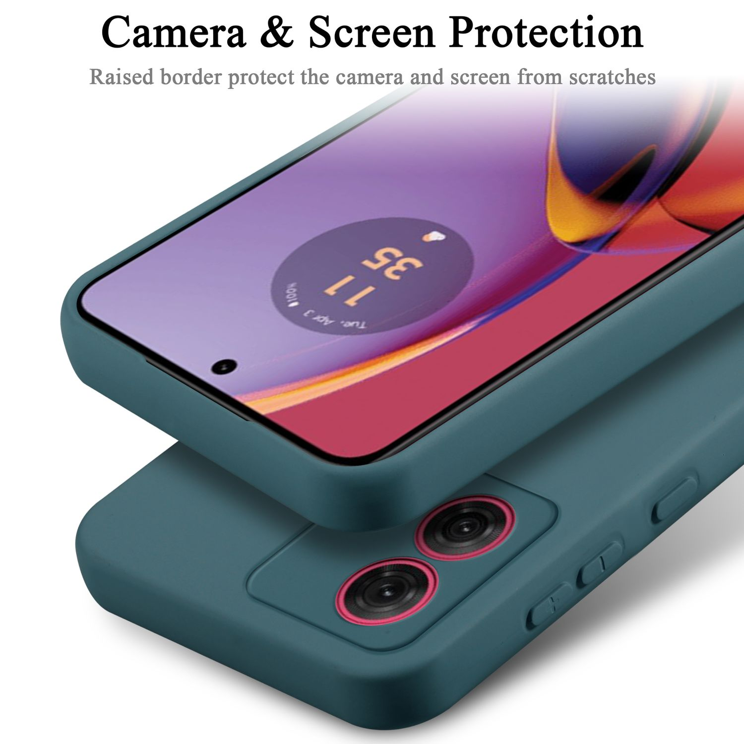 Zwei Telefonhüllen, eine über der anderen, mit einem Telefon darin. Die Telefonhüllen sind teal.