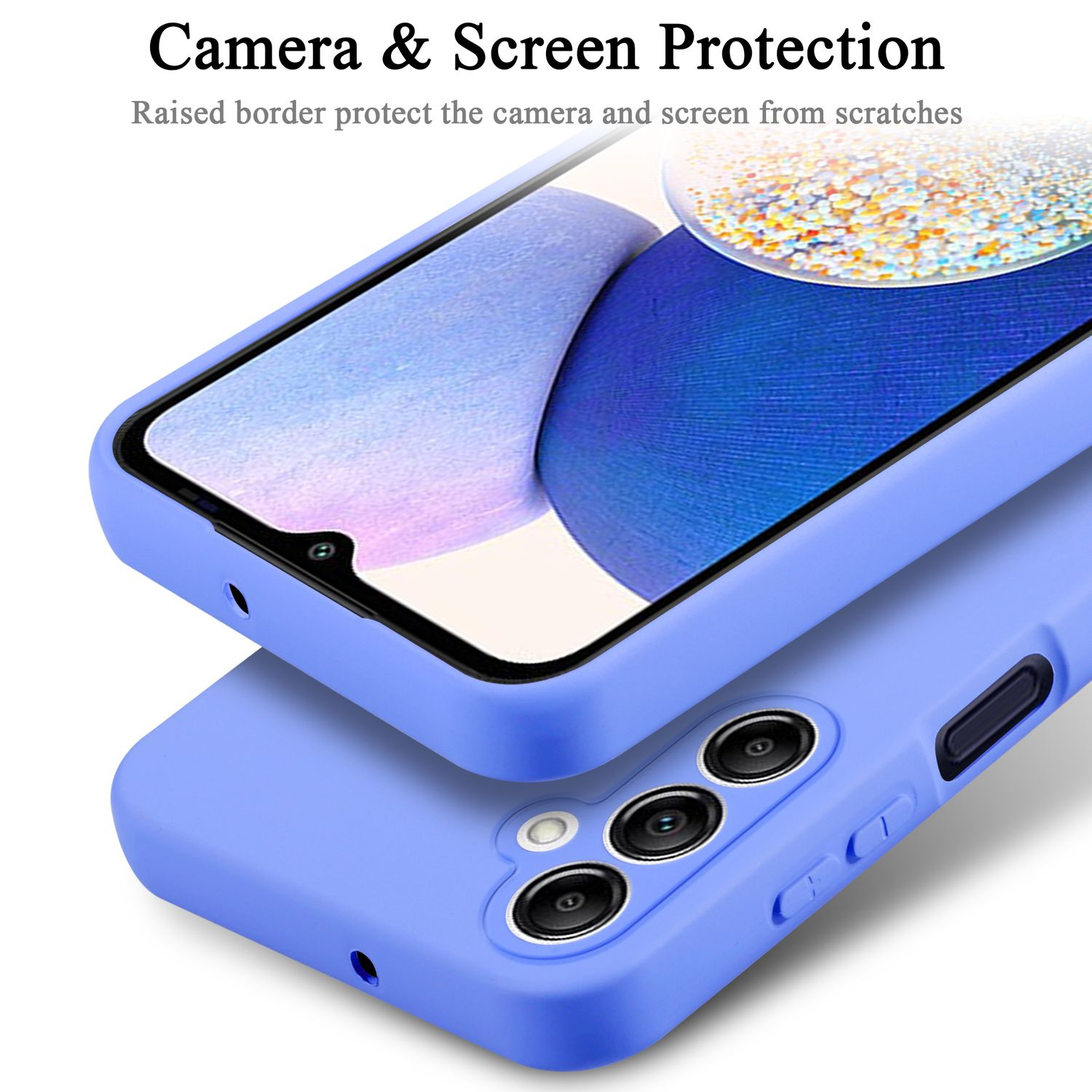 Due custodie blu per telefono impilate. La custodia superiore mostra le funzioni di protezione della fotocamera e dello schermo.
