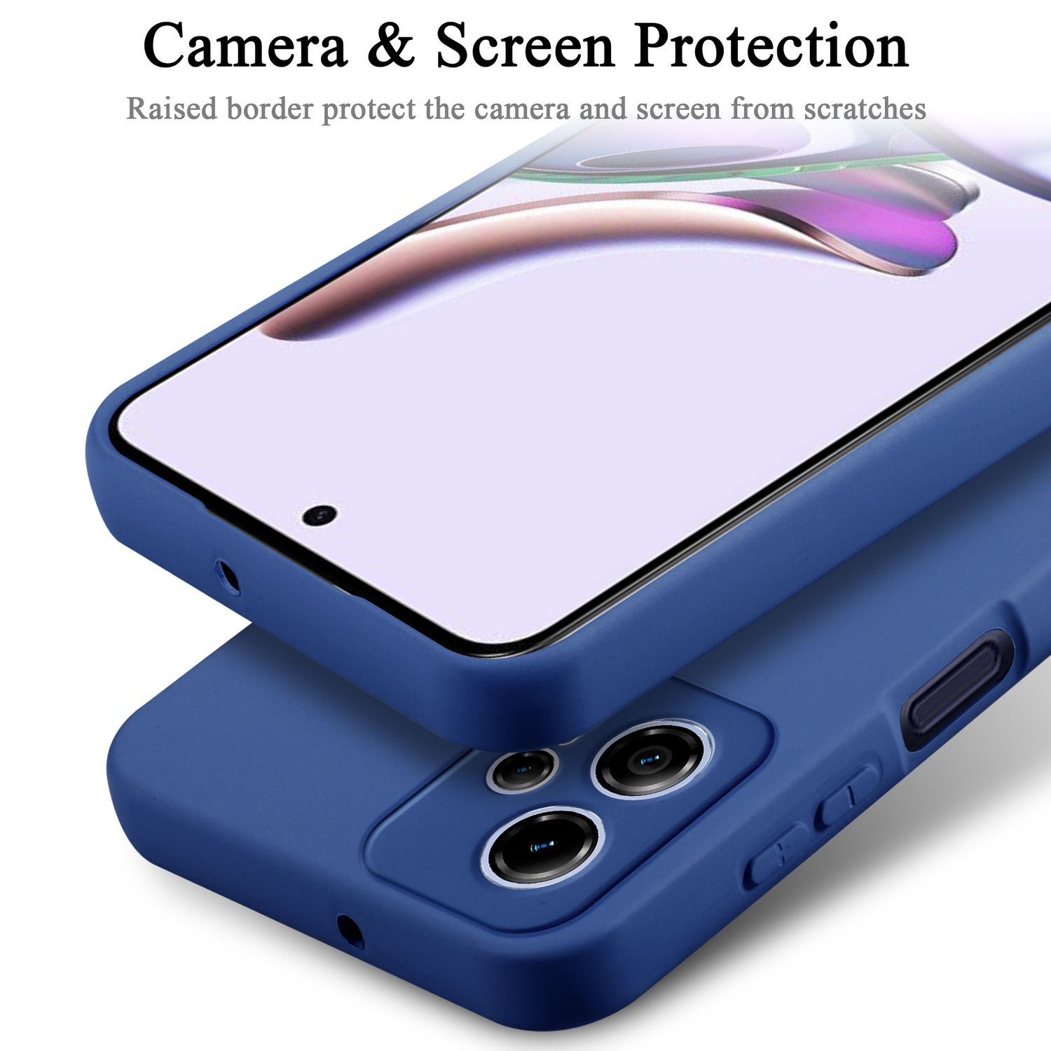 Primo piano di una custodia blu per telefono con un telefono all'interno. Il testo evidenzia la protezione della fotocamera e dello schermo.