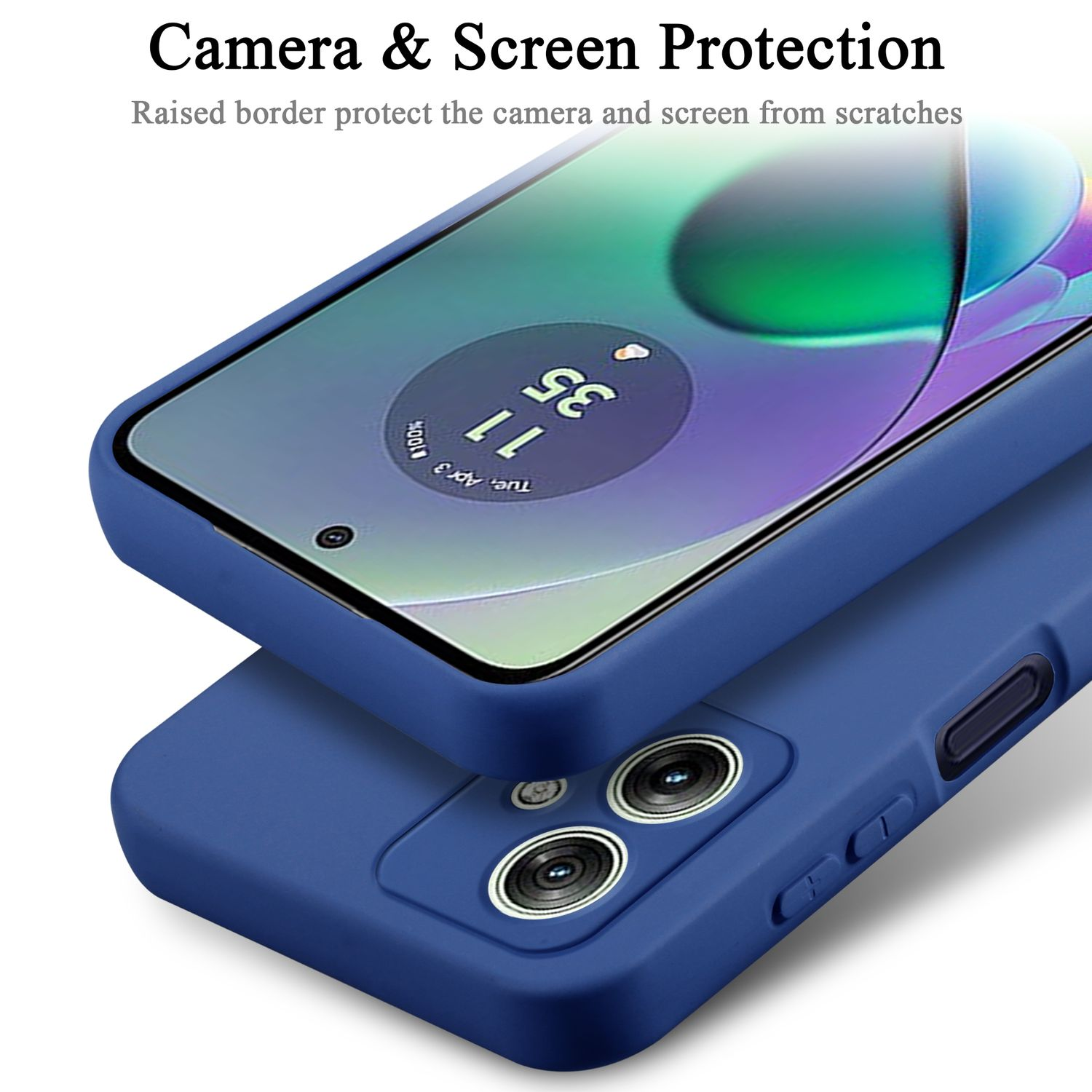 Custodia blu per telefono con telefono dentro, protegge schermo e fotocamere.