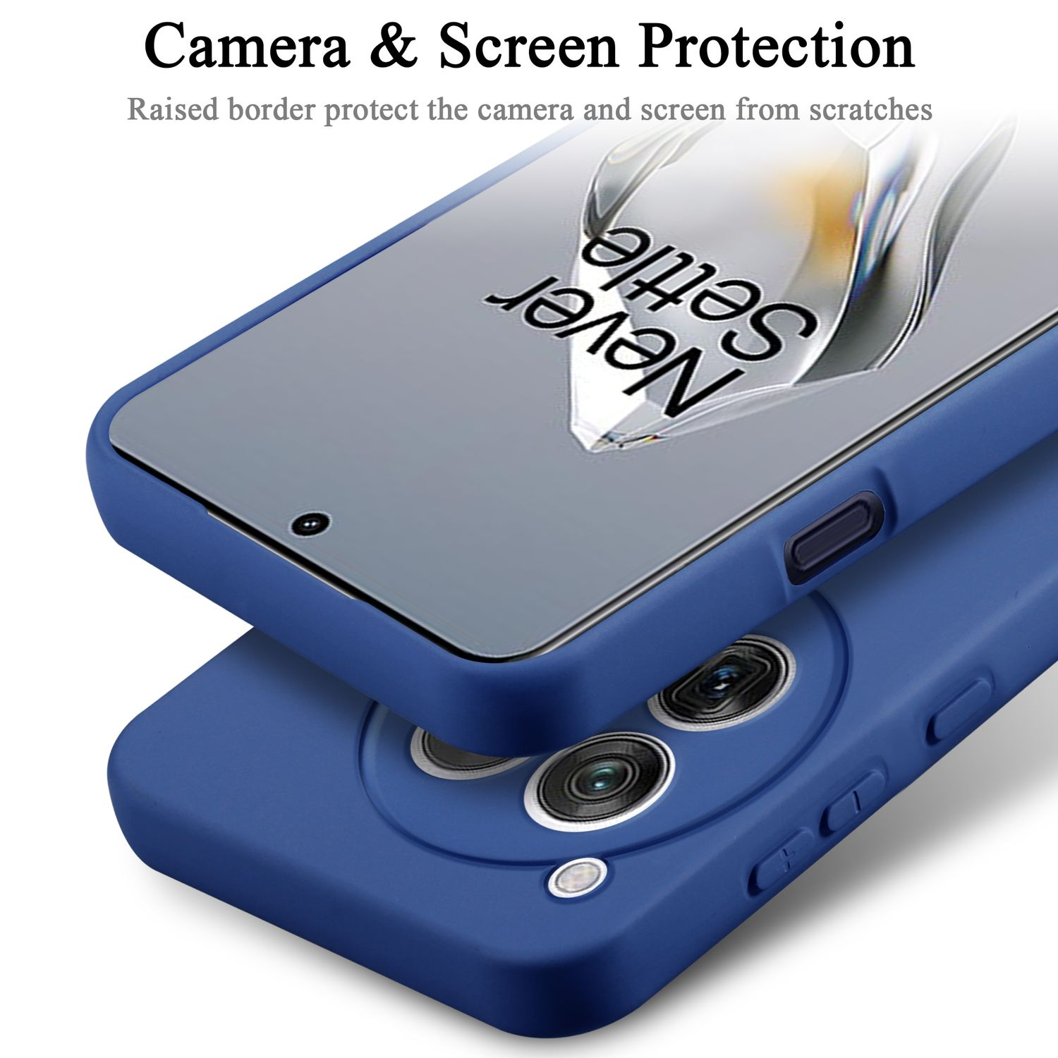 Due custodie blu per telefono impilate, che mostrano lo schermo del telefono con testo e dettagli della fotocamera.