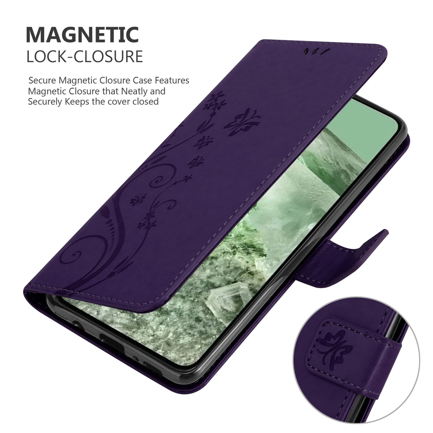 Custodia per telefono viola con un design floreale, aperta per rivelare il telefono. Include il testo di chiusura magnetica.