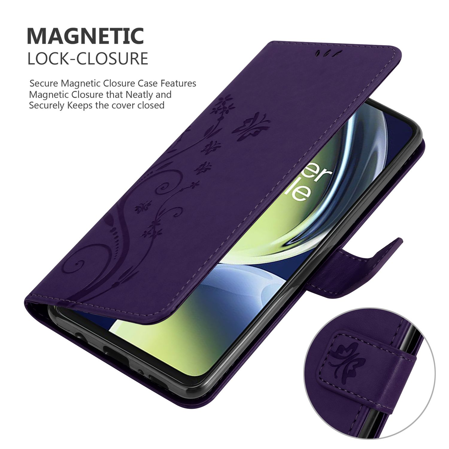 Custodia viola aperta per rivelare un telefono. Design floreale sulla cover. Chiusura magnetica.