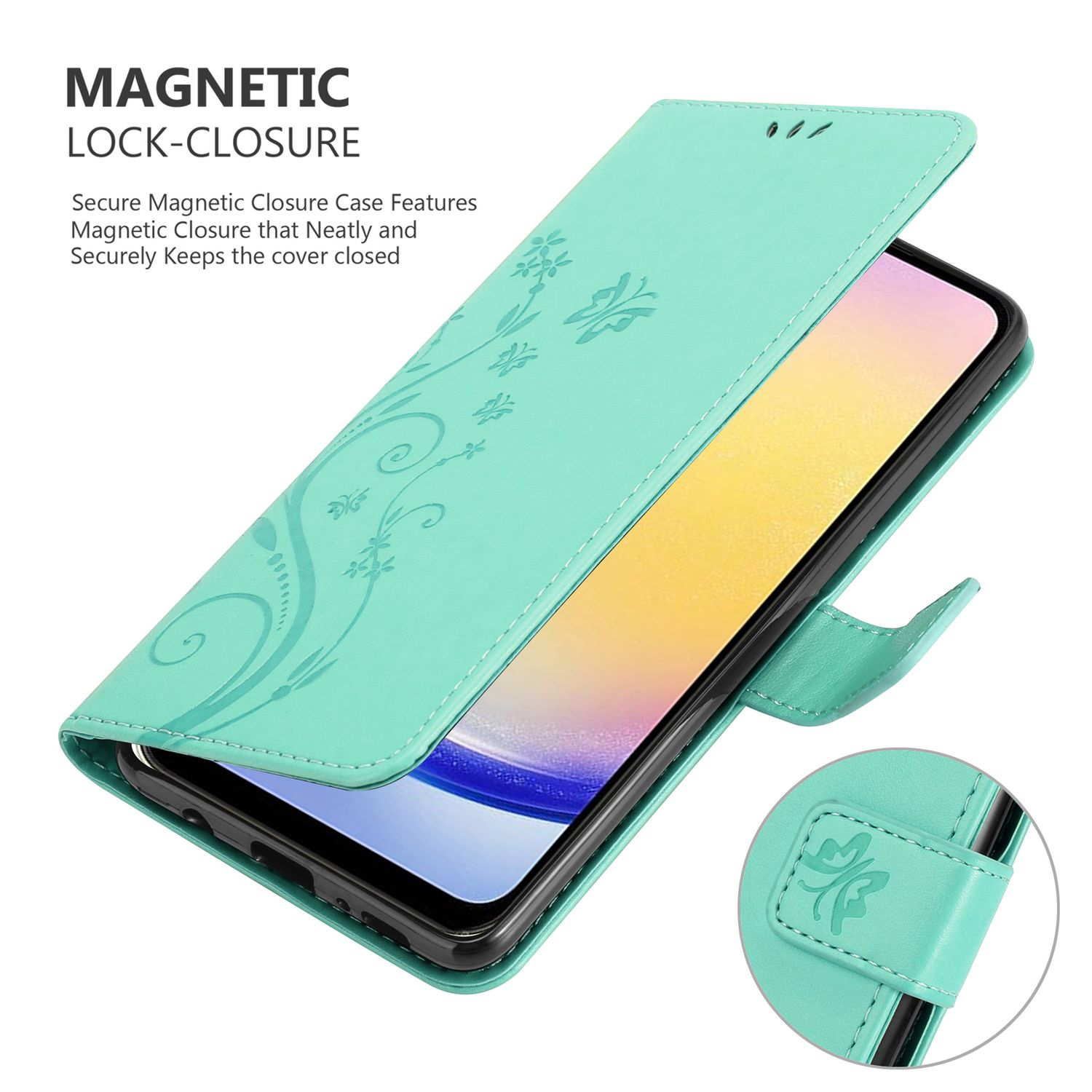 Una custodia per telefono verde menta con un design floreale, aperta per mostrare un telefono. La custodia ha una chiusura magnetica.