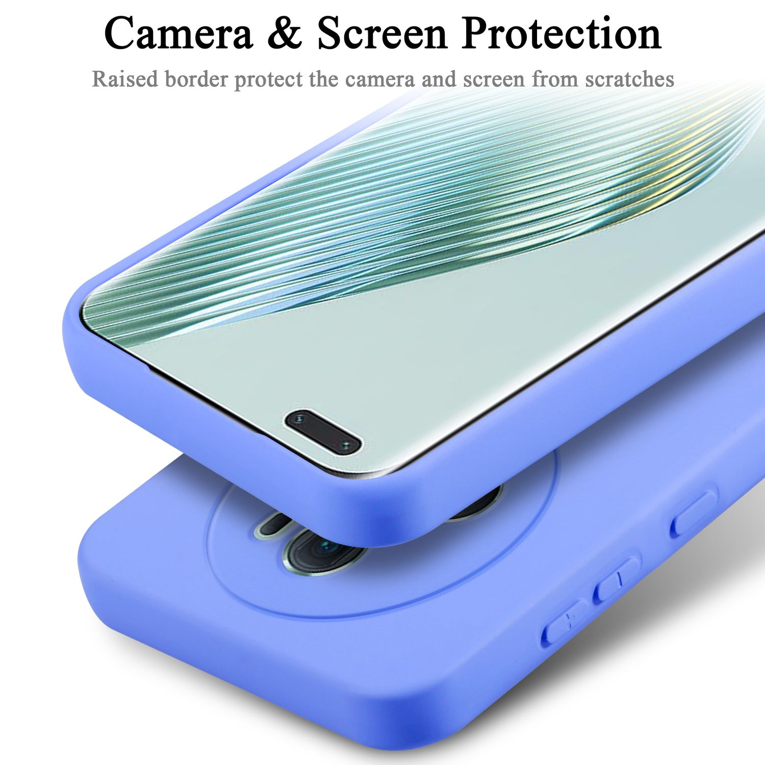 Eine hellblaue Handyhülle mit einem Telefon darin, mit Displayschutz, auf weißem Hintergrund.