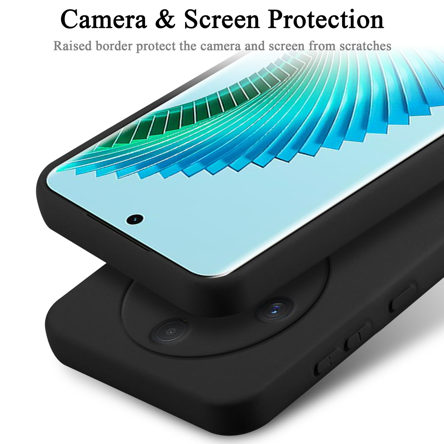 Una custodia per telefono nera con un telefono all'interno, che mostra la protezione della fotocamera e dello schermo.