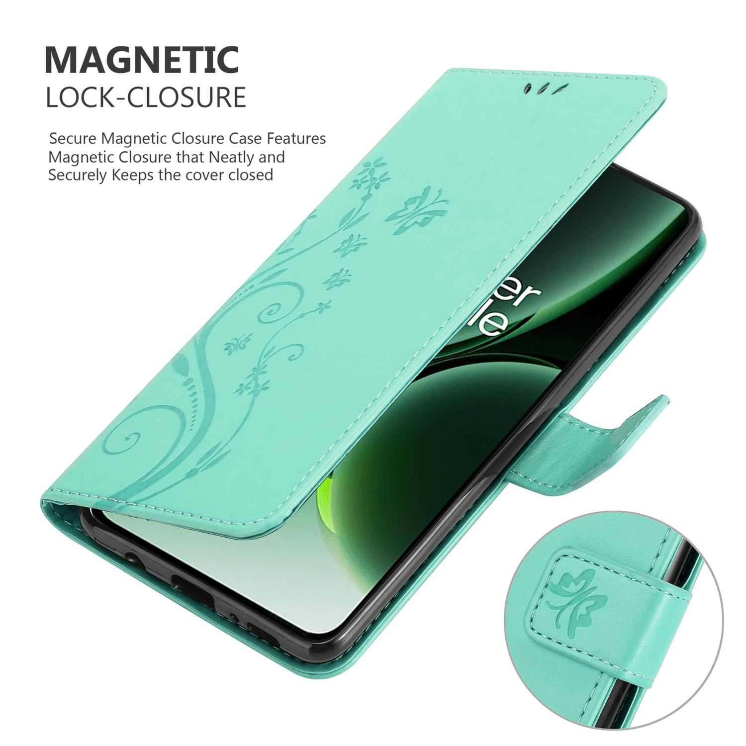Custodia per telefono verde acqua aperta, che mostra un telefono. Design floreale sulla cover.