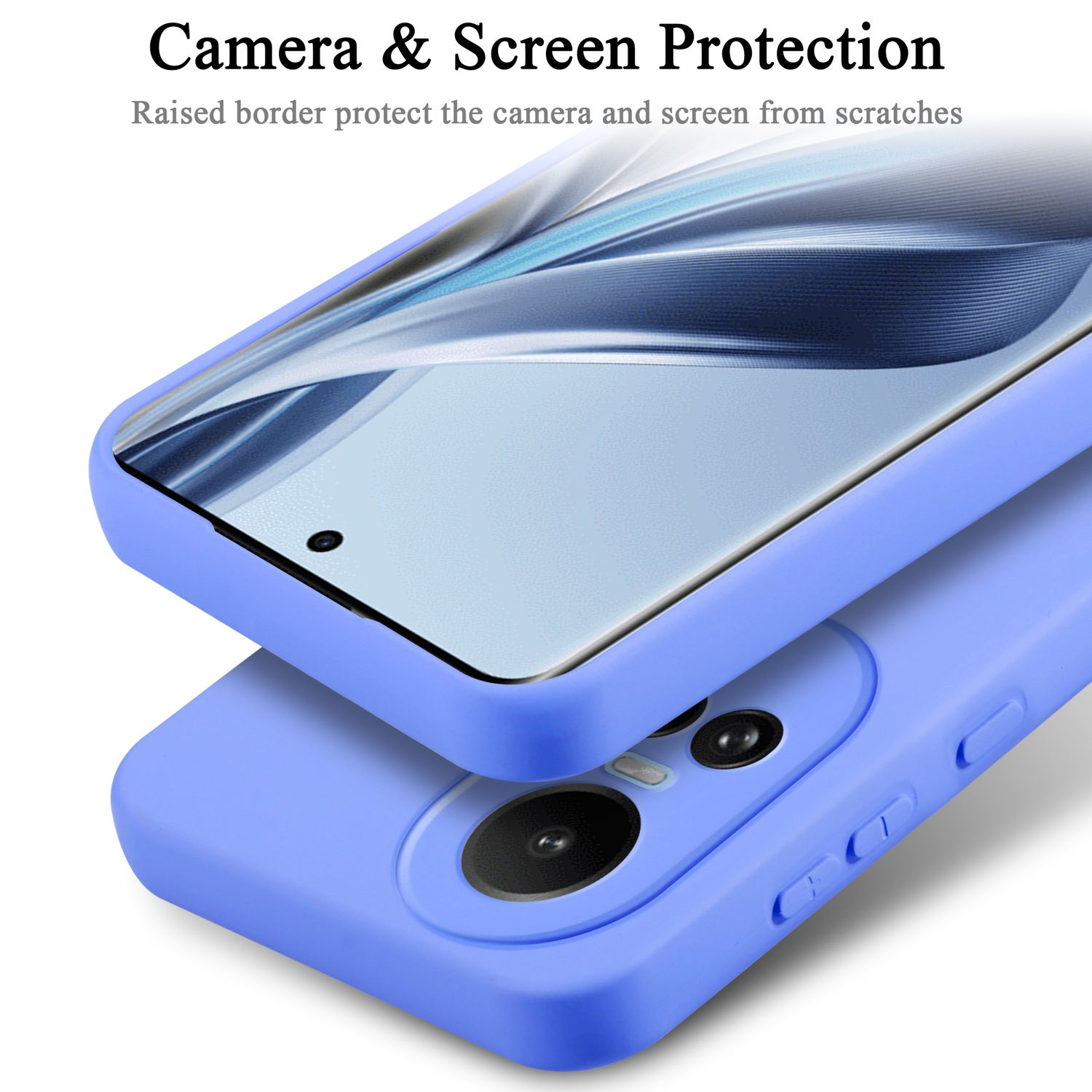 Custodia blu per telefono che protegge un telefono; fotocamera visibile; sfondo bianco.