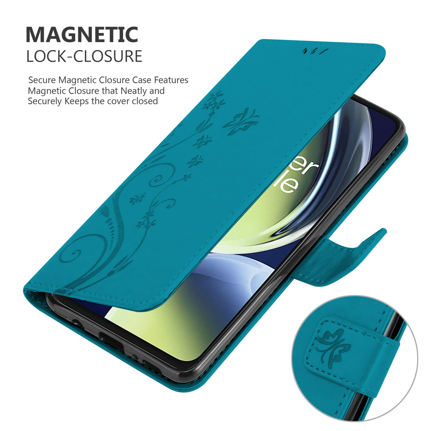 Custodia per telefono color teal con chiusura magnetica. Disegno floreale, tiene un telefono.