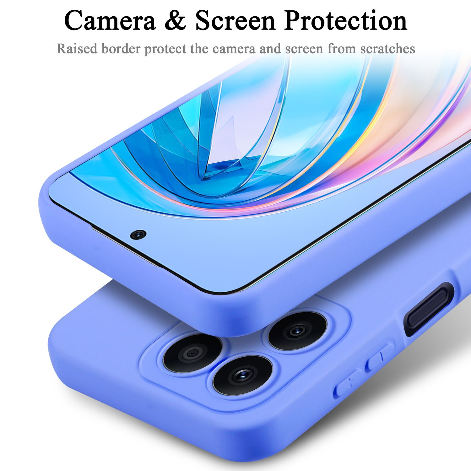 Custodia per telefono azzurra con telefono all'interno, con testo 'Camera & Screen Protection'. Sfondo bianco.
