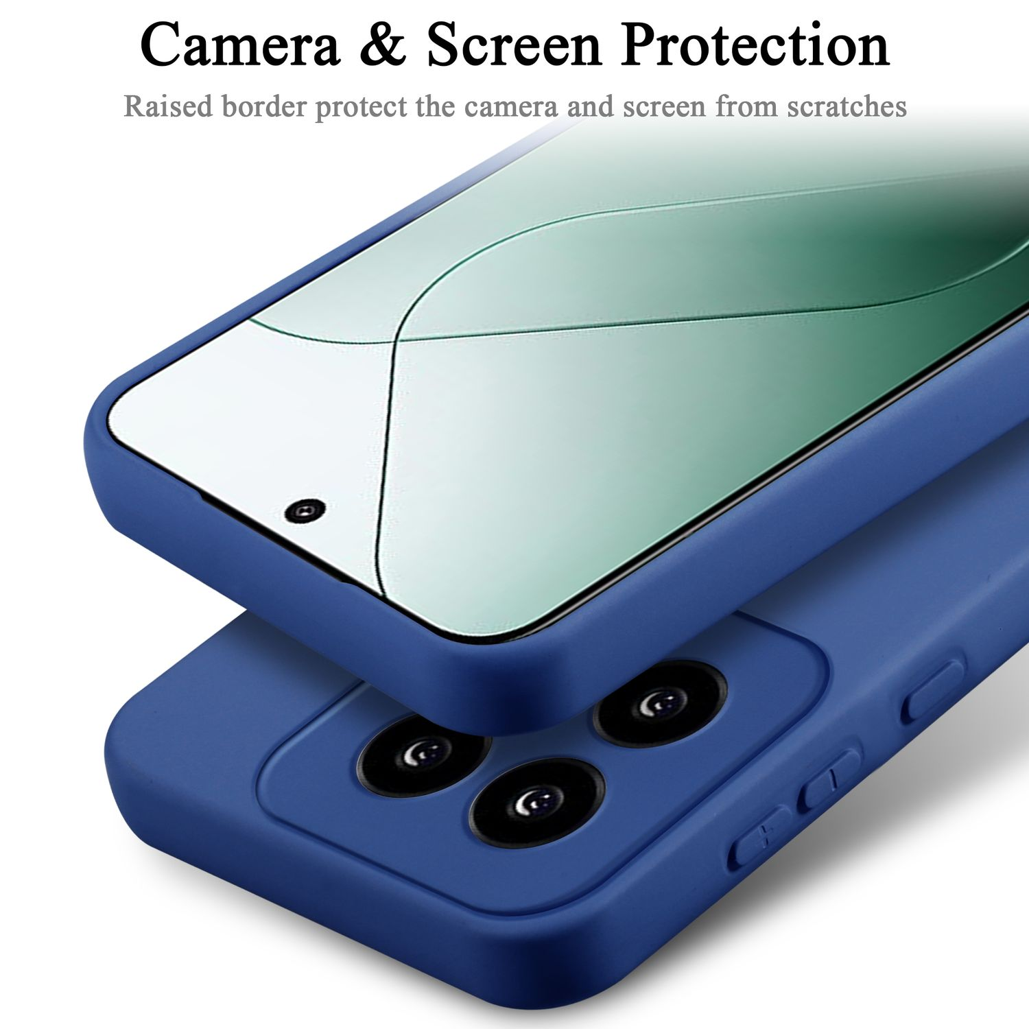 Primo piano di una custodia blu per telefono, che mostra le lenti della fotocamera e la protezione dello schermo, con testo sulla protezione.