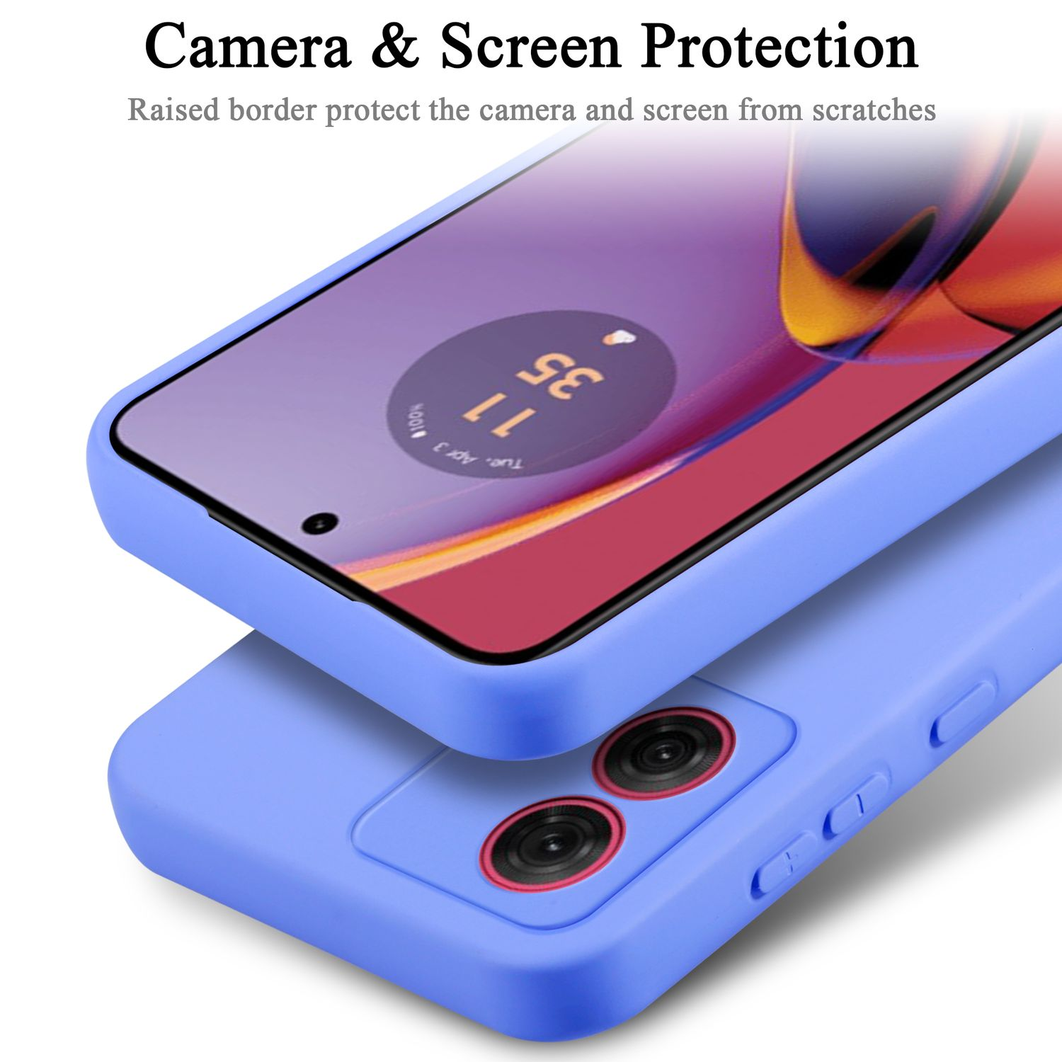 Primo piano di una custodia blu con un telefono all'interno, che protegge schermo e fotocamera.