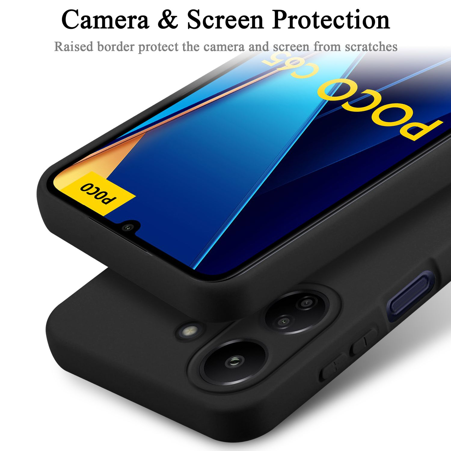 Custodia nera per telefono sopra un'altra. Testo: Protezione fotocamera e schermo, logo Poco.