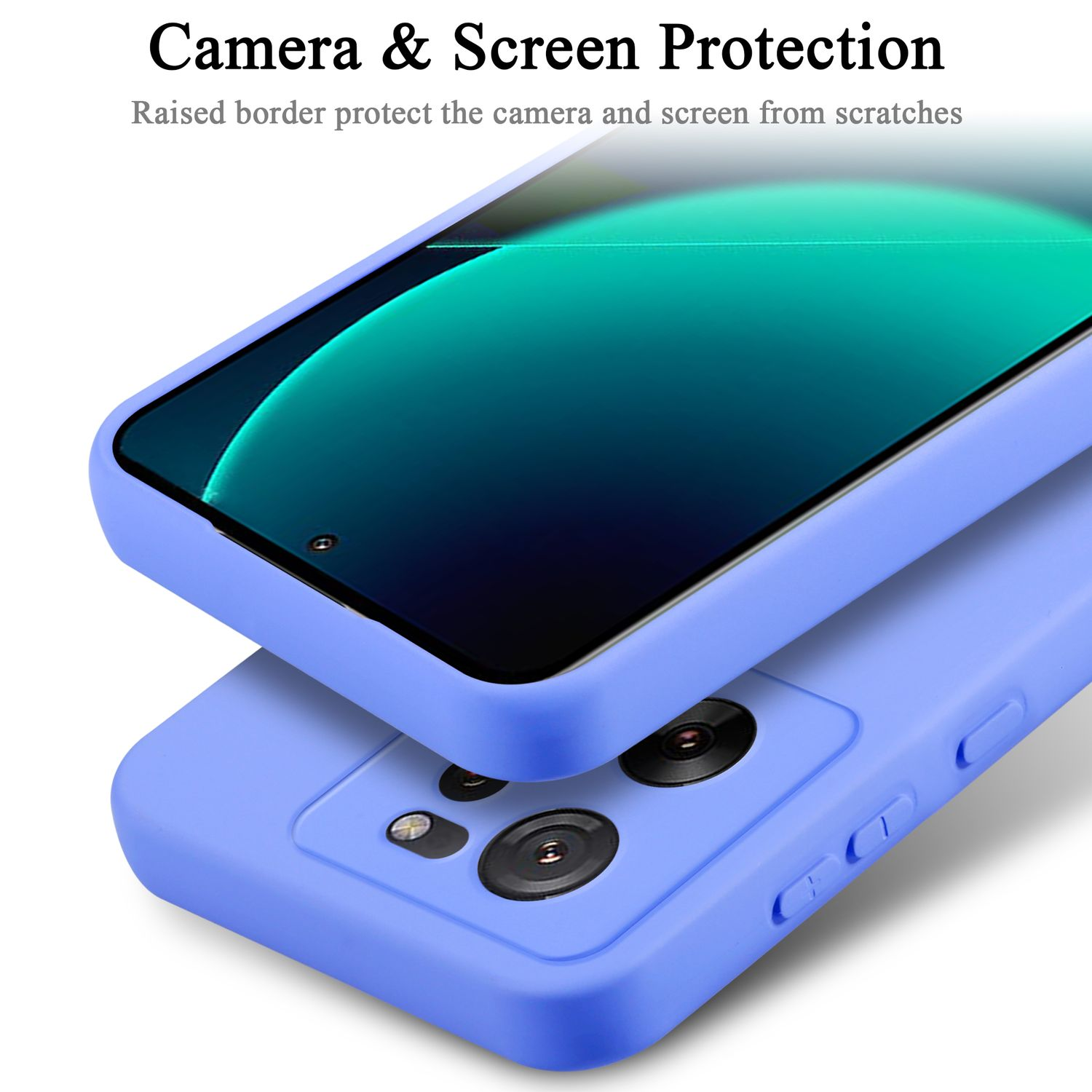 Blaue Handyhülle schützt ein Telefon; Kamera sichtbar; weißer Hintergrund.