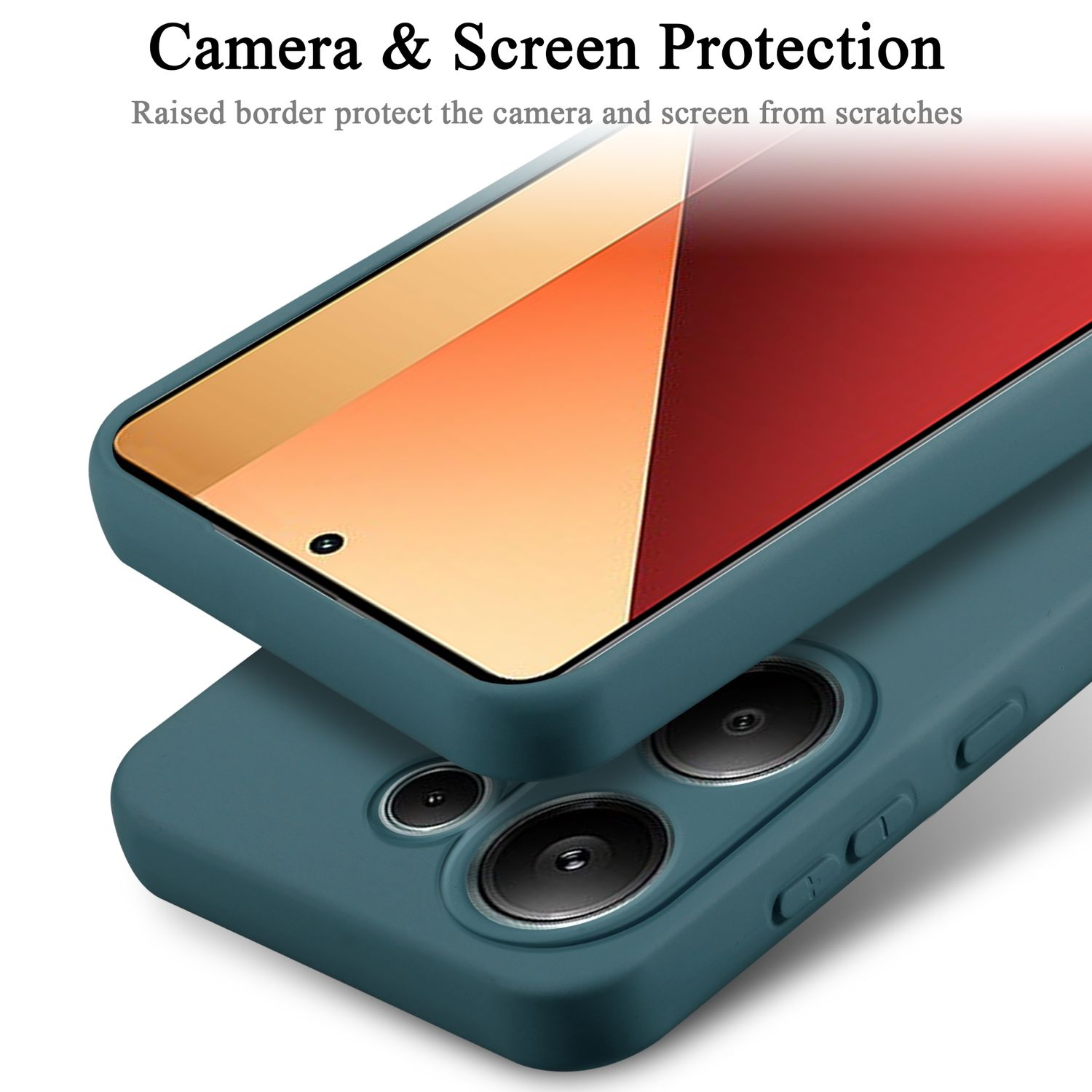 Una custodia teal protegge un telefono. L'immagine mostra un primo piano della custodia e del telefono.
