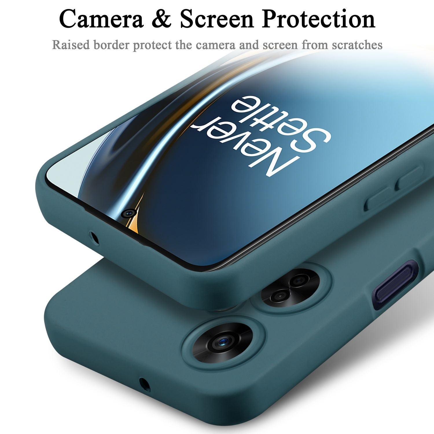 Due custodie per telefono una sull'altra. Colore verde acqua. Testo: Protezione fotocamera e schermo, Il bordo rialzato protegge la fotocamera e lo schermo.