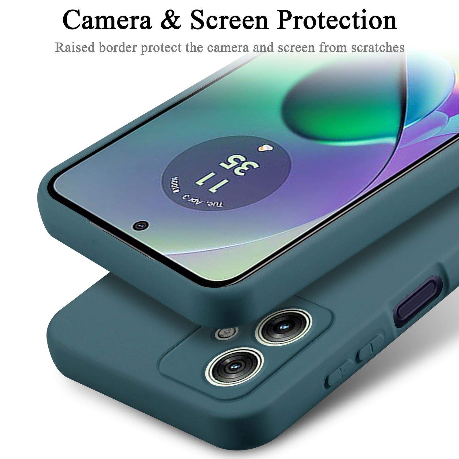 Custodia del telefono sopra un telefono. La custodia è verde acqua, con fotocamera e protezione schermo.