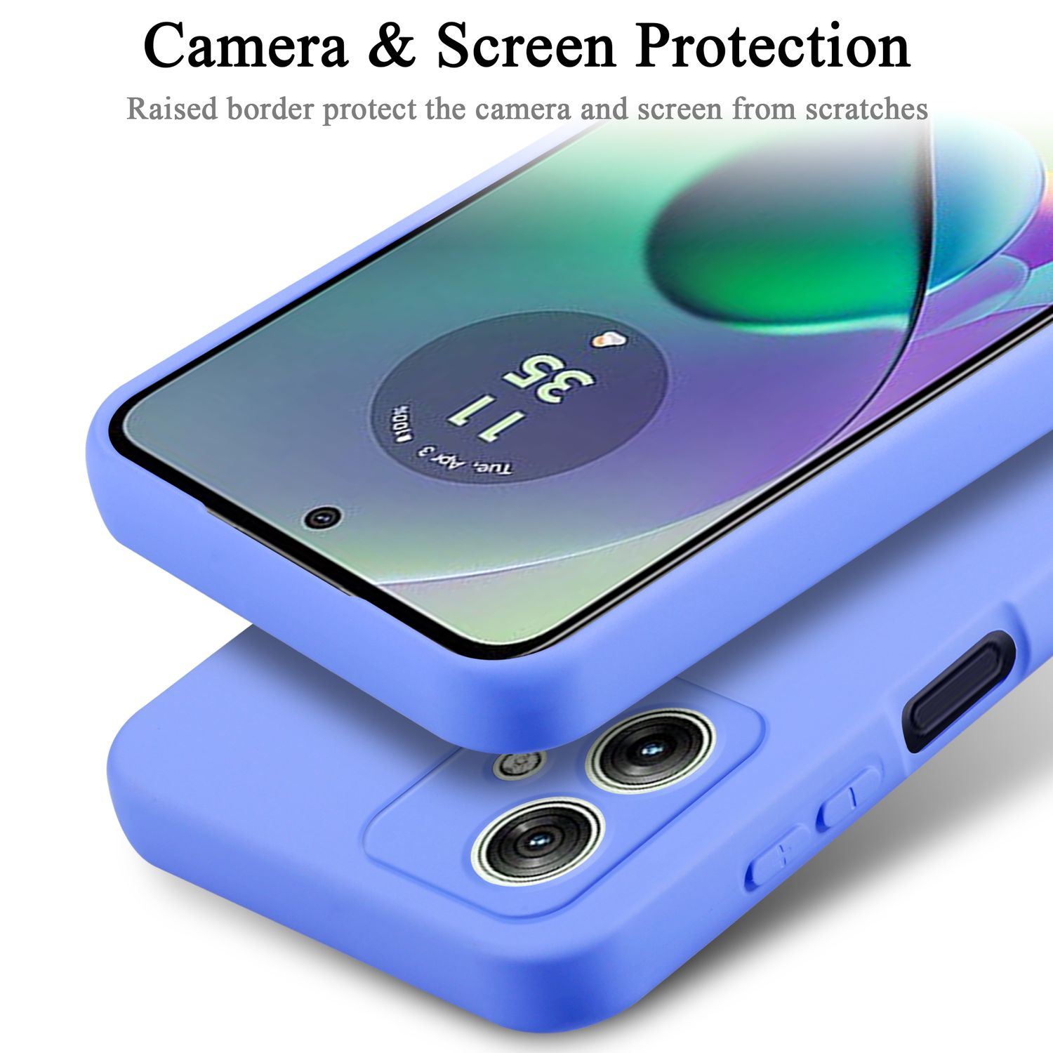 Primo piano di un telefono in una custodia blu. La custodia protegge la fotocamera e lo schermo.