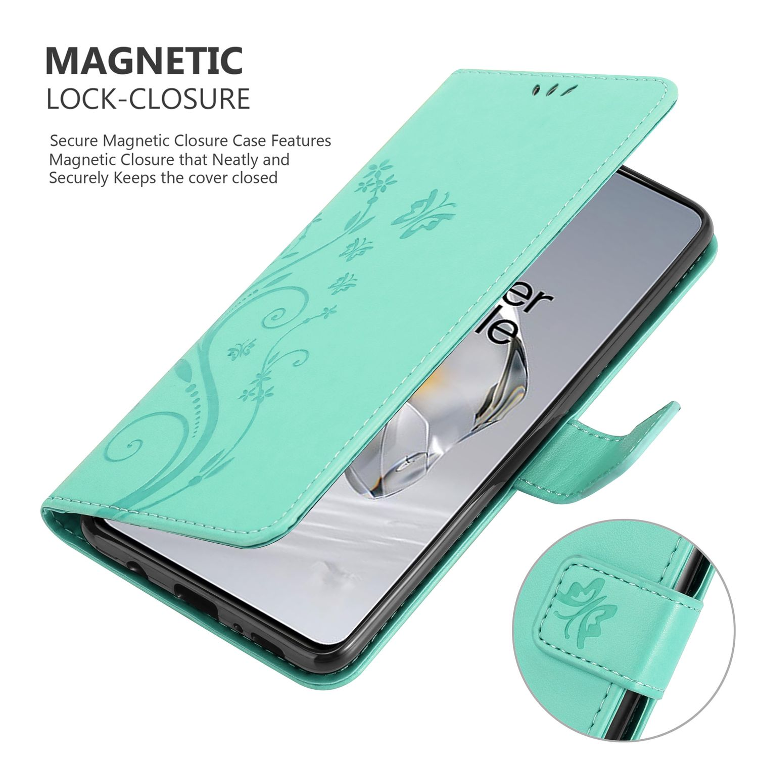 Custodia per telefono color menta con design floreale. Il telefono è aperto, mostrando lo schermo.