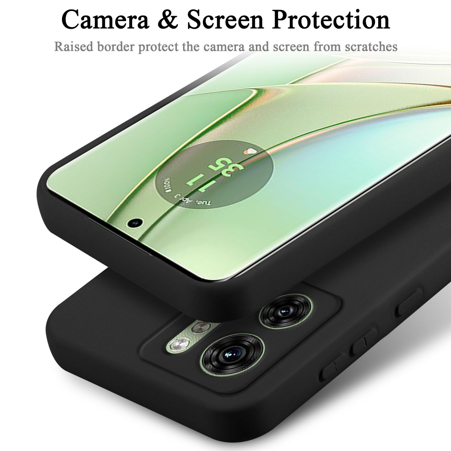 Custodia nera per telefono con telefono all'interno, che mostra le funzioni di protezione della fotocamera e dello schermo.