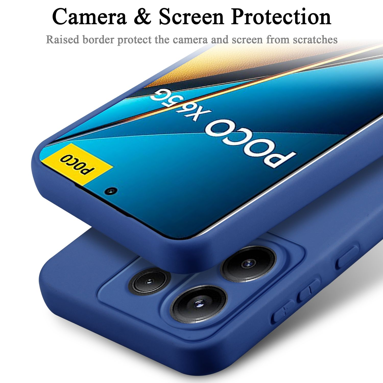 Custodia blu per telefono con telefono all'interno. Testo e dettagli della fotocamera visibili. Sfondo bianco.