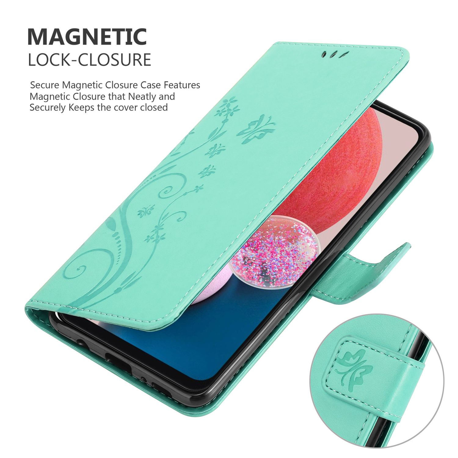 Custodia per telefono color menta aperta, che rivela un telefono con un design floreale.
