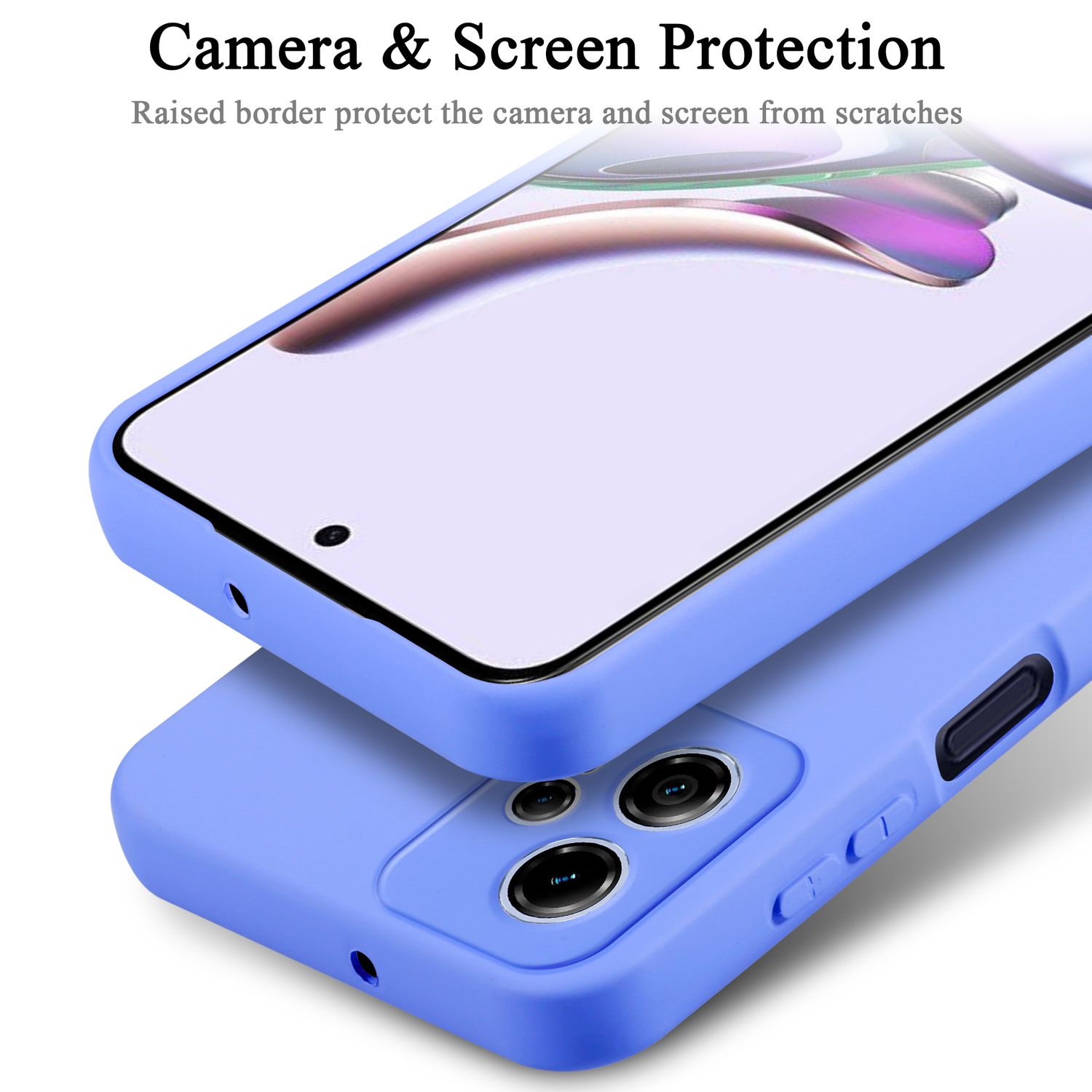 Due custodie blu per telefono, una sopra l'altra. La custodia superiore ha uno schermo del telefono visibile.