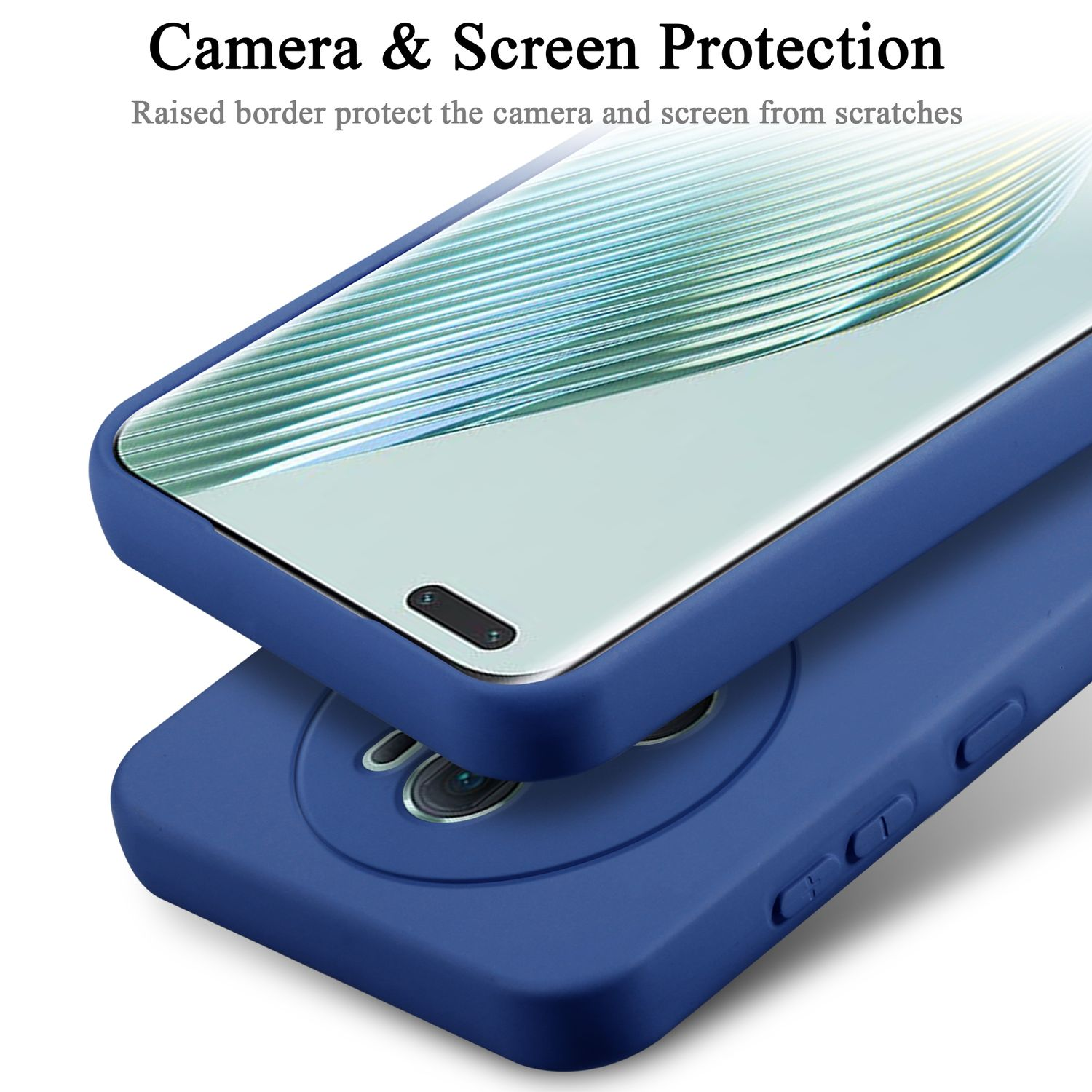 Custodia blu per telefono che protegge fotocamera e schermo, vista ravvicinata.
