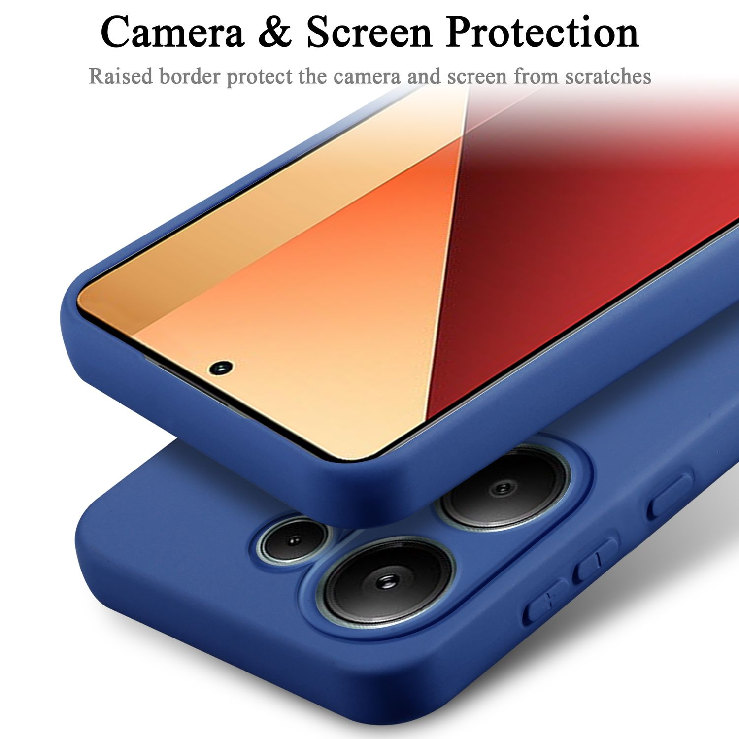 Una custodia blu per telefono con un telefono all'interno, che protegge lo schermo e la fotocamera.