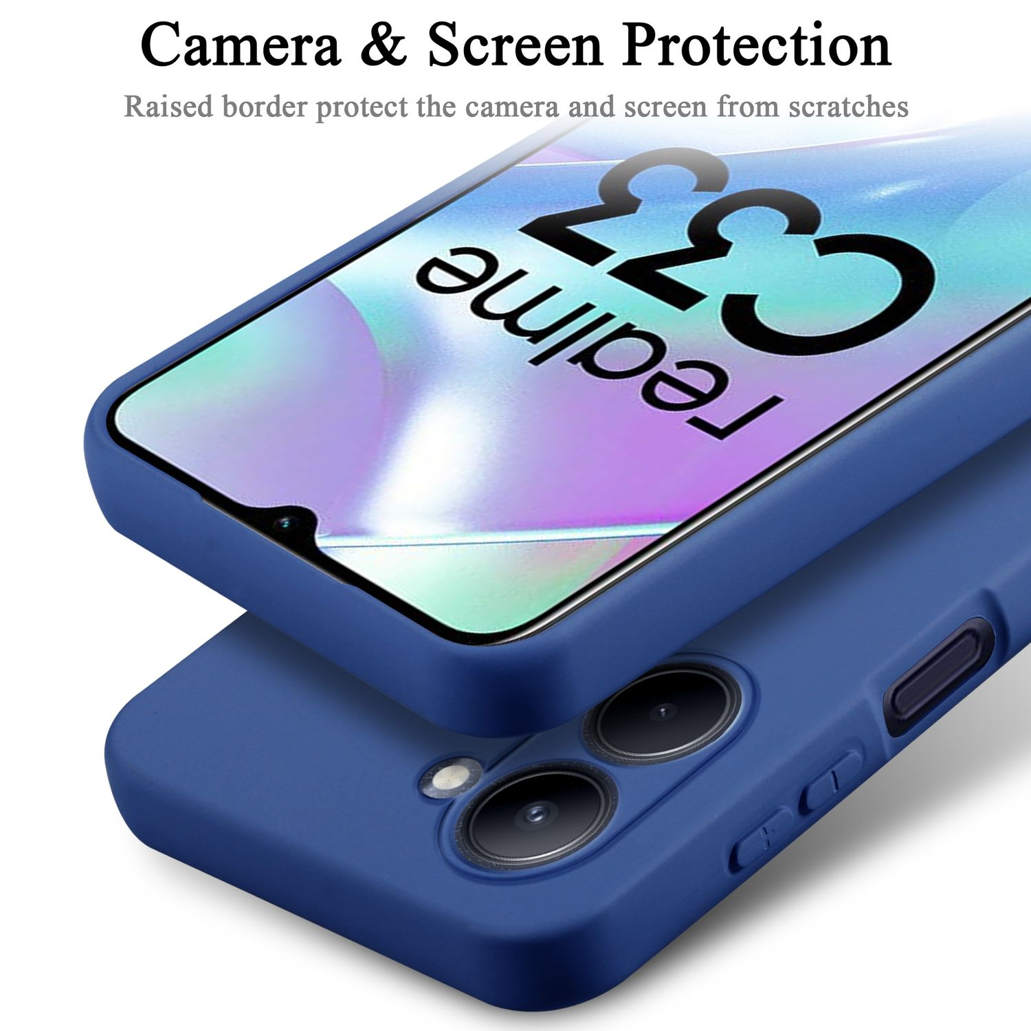 Una custodia blu per telefono con un bordo rialzato che protegge lo schermo.
