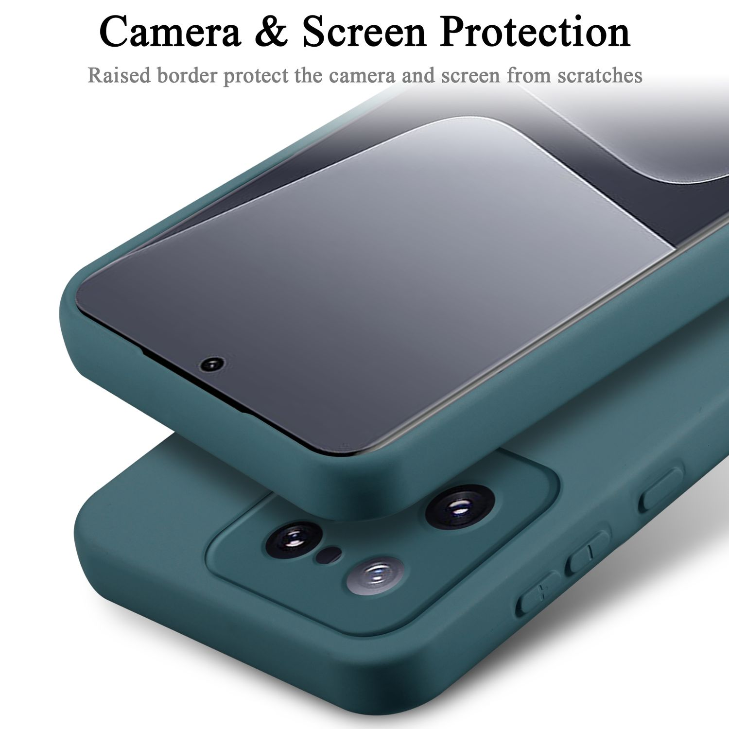 Nahaufnahme einer teal Handyhülle, die ein Telefon schützt. Text oben sagt Kamera- und Bildschirmschutz.