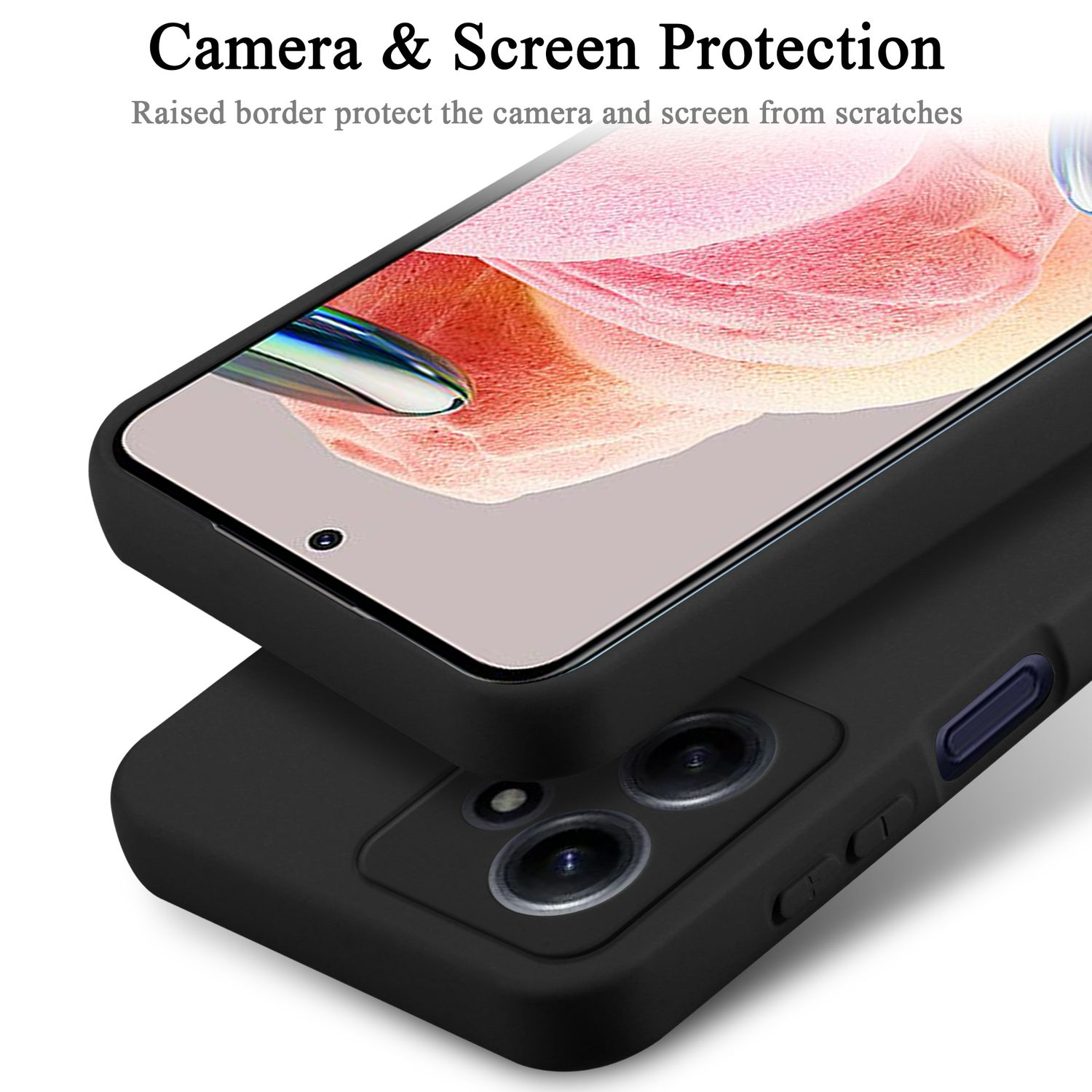 Custodia nera per telefono con un telefono. La custodia protegge la fotocamera e lo schermo dai graffi.