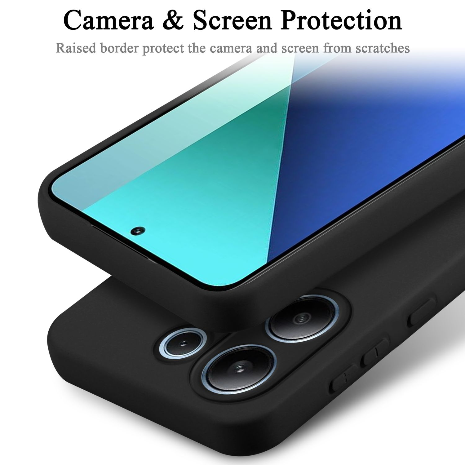 Due custodie per telefono nere, impilate, che mostrano le caratteristiche di protezione della fotocamera e dello schermo.