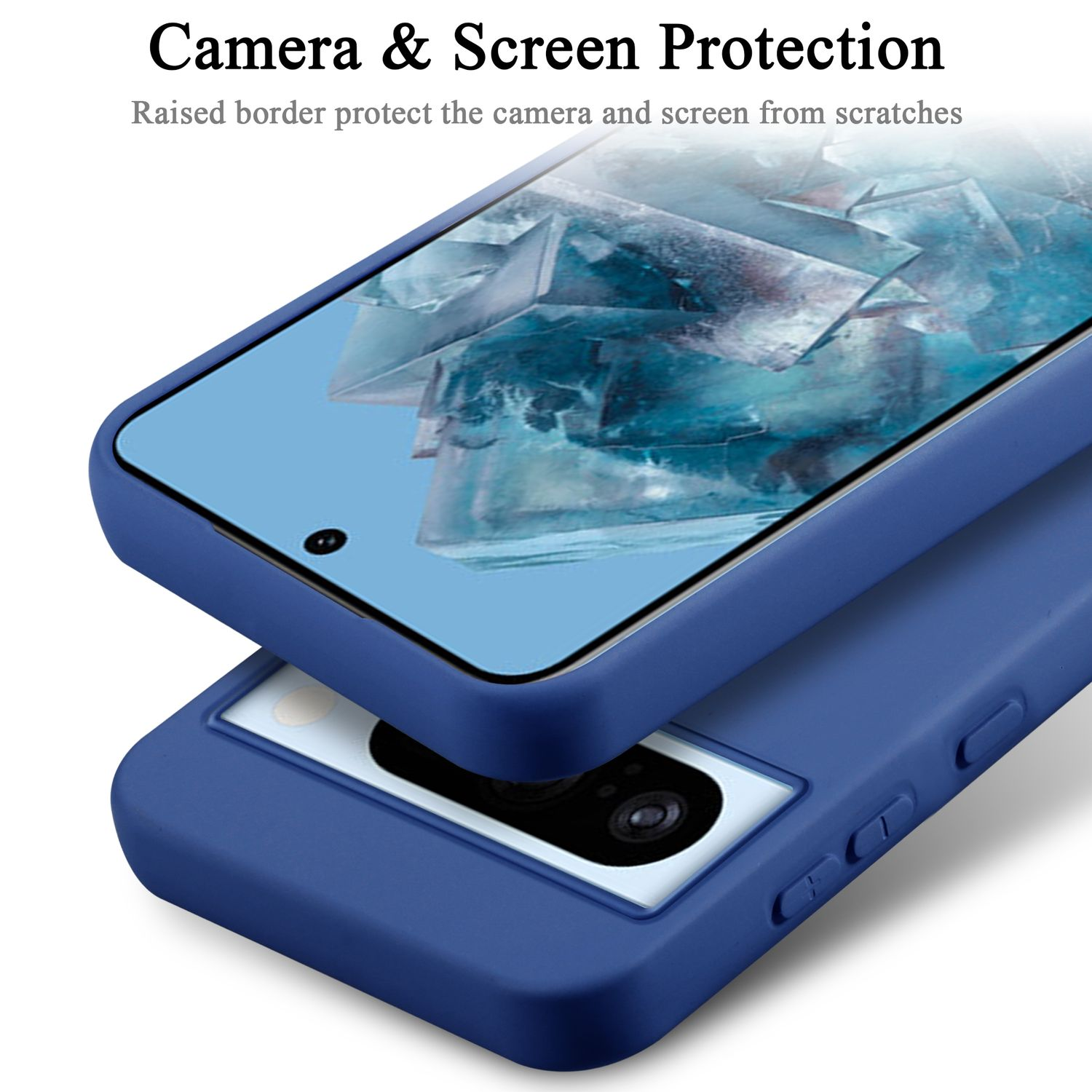 Custodia blu con protezione schermo. Bordo rialzato protegge fotocamera e schermo.