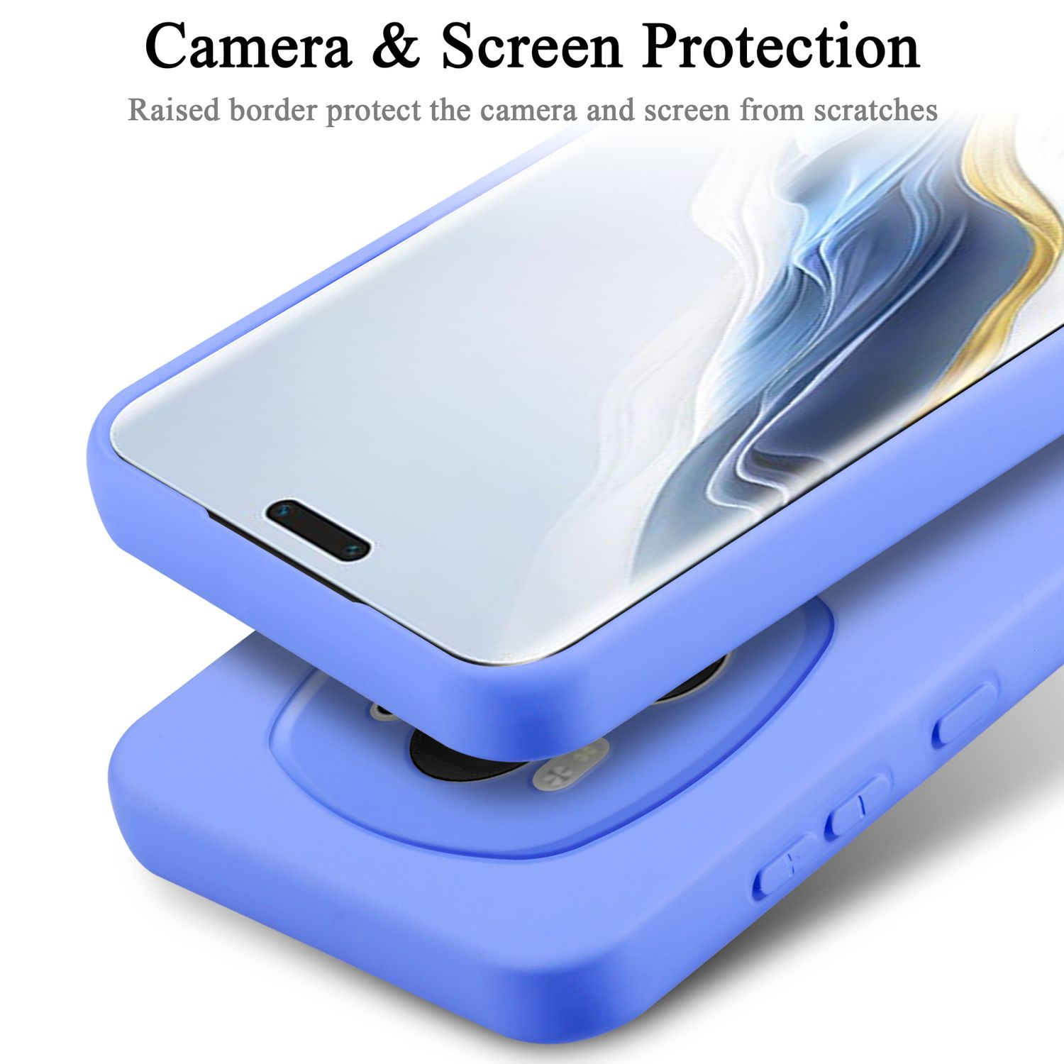 Primo piano di una custodia blu che protegge lo schermo del telefono. Testo: Camera & Screen Protection.