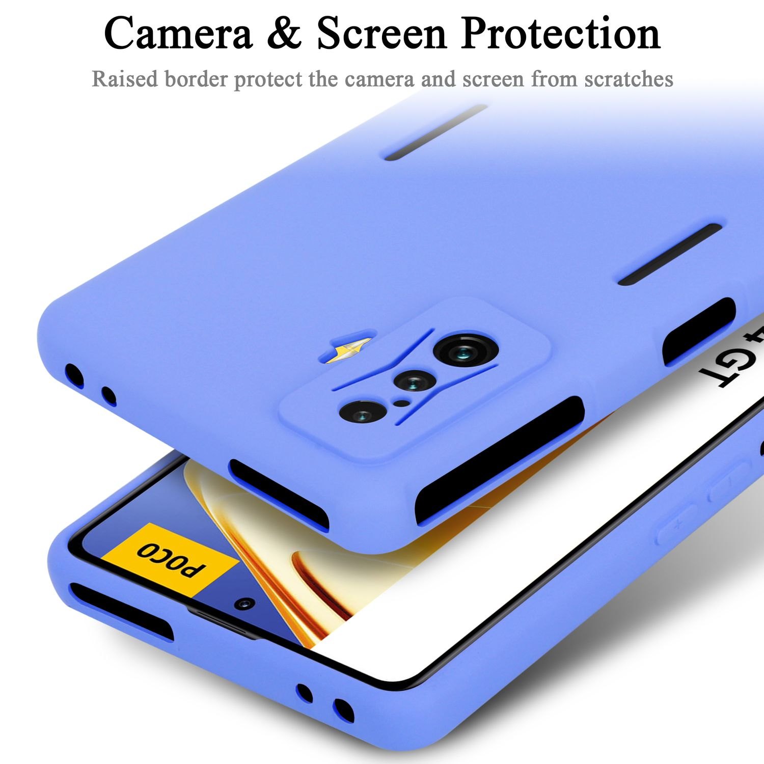 Custodia per telefono blu. La custodia è aperta, mostrando il telefono. La custodia ha protezione per fotocamera e schermo.