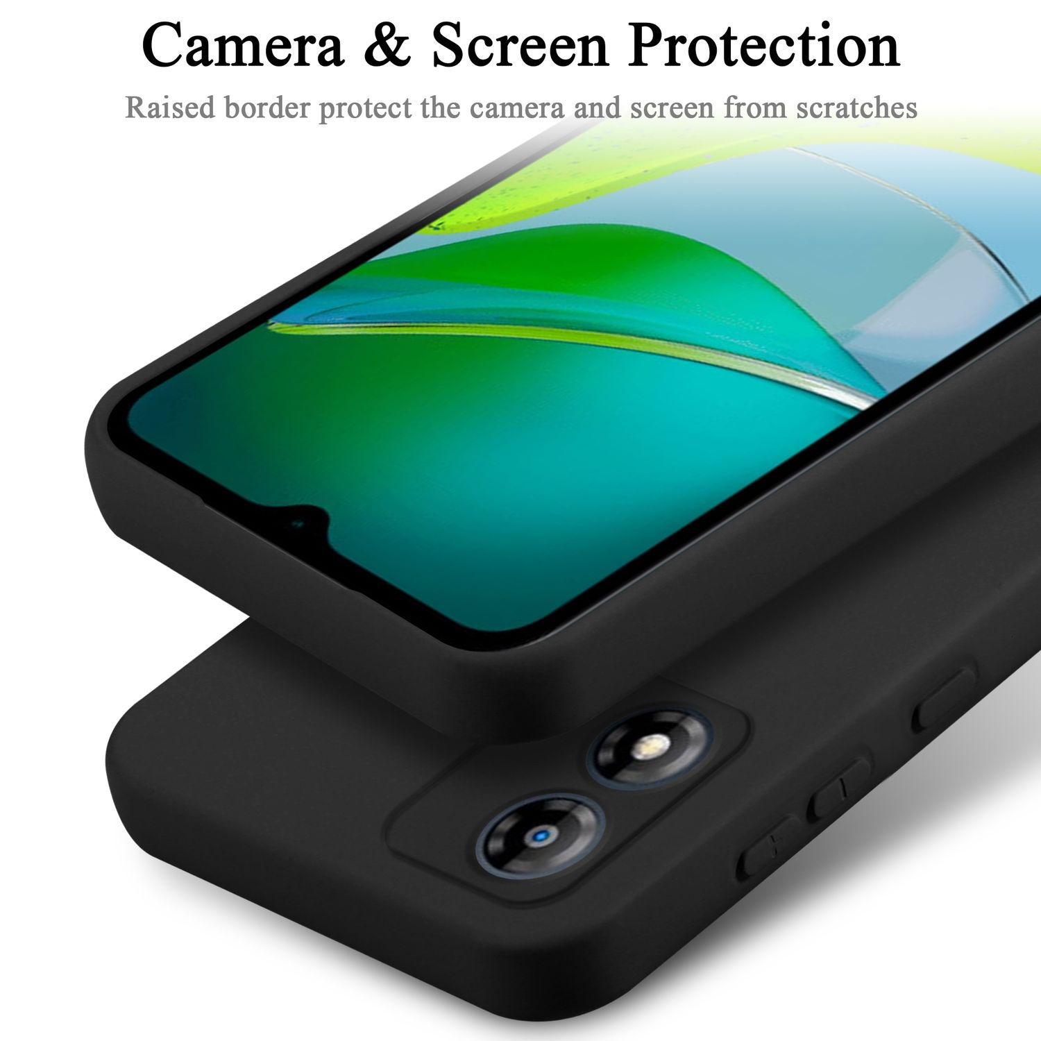 Custodia nera per telefono sul telefono. Ha una protezione per la fotocamera e lo schermo.