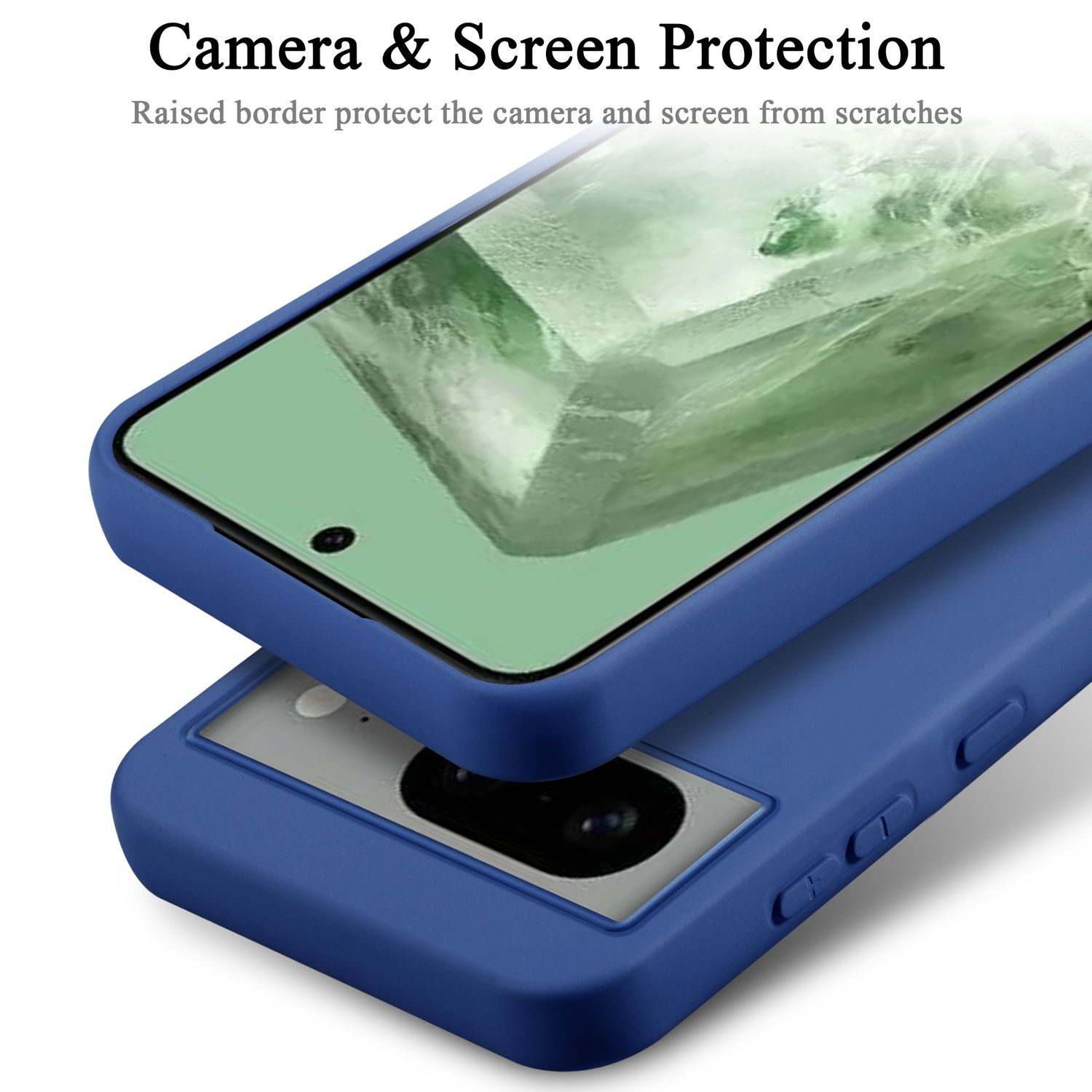Un telefono in una custodia blu con fotocamera e protezione schermo.