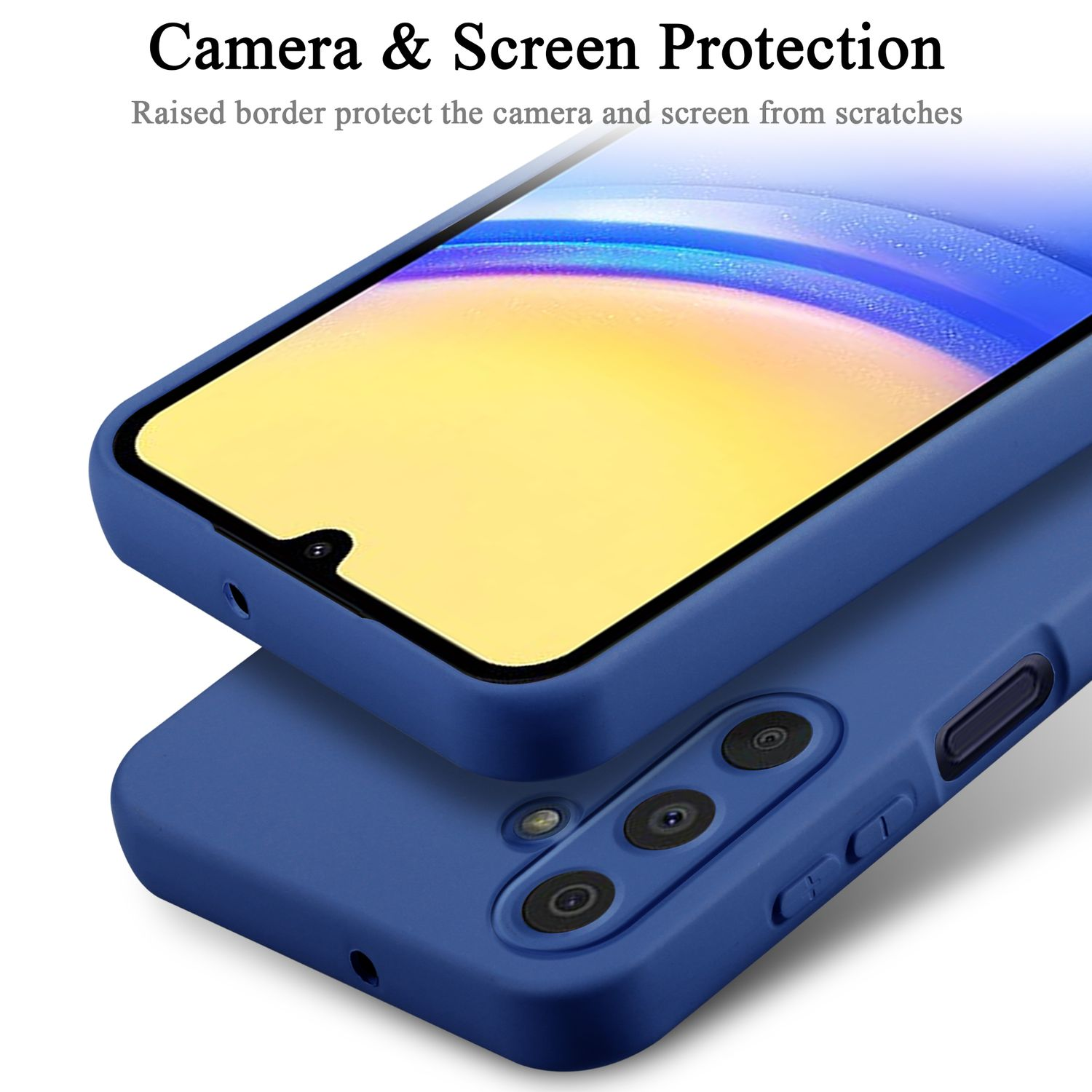 Custodia blu con protezione schermo su schermo giallo.