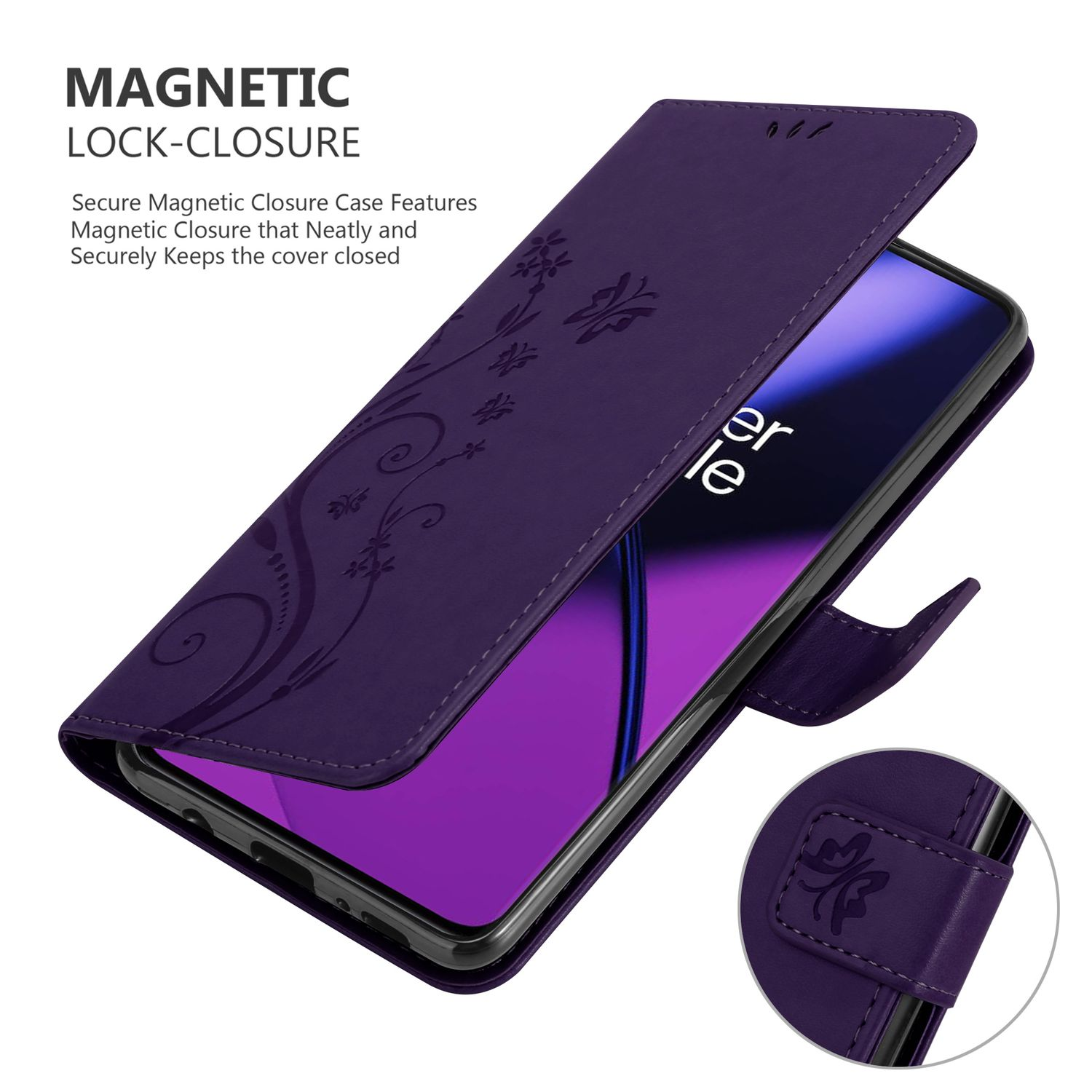 Custodia per telefono viola con design floreale, aperta per rivelare il telefono. Dettaglio di chiusura magnetica.