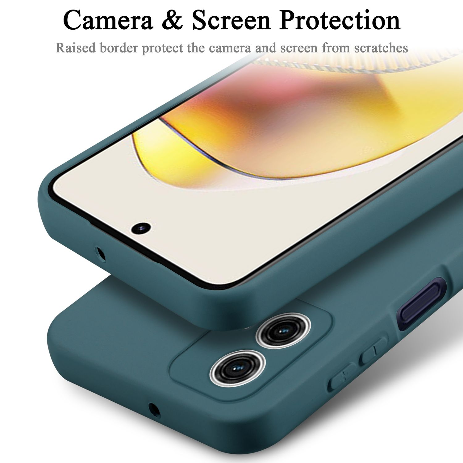 Due custodie per telefono verde acqua impilate. Testo: Protezione fotocamera e schermo.
